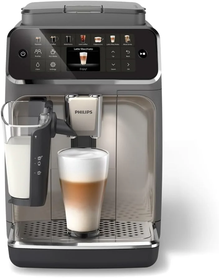 The 4400 series Rattolgo automatic Italian coffee machine features silent brewing technology and quick start-up. The fragrant coffee made from freshly ground coffee beans offers 12 hot and cold beverages, with a black chrome finish.