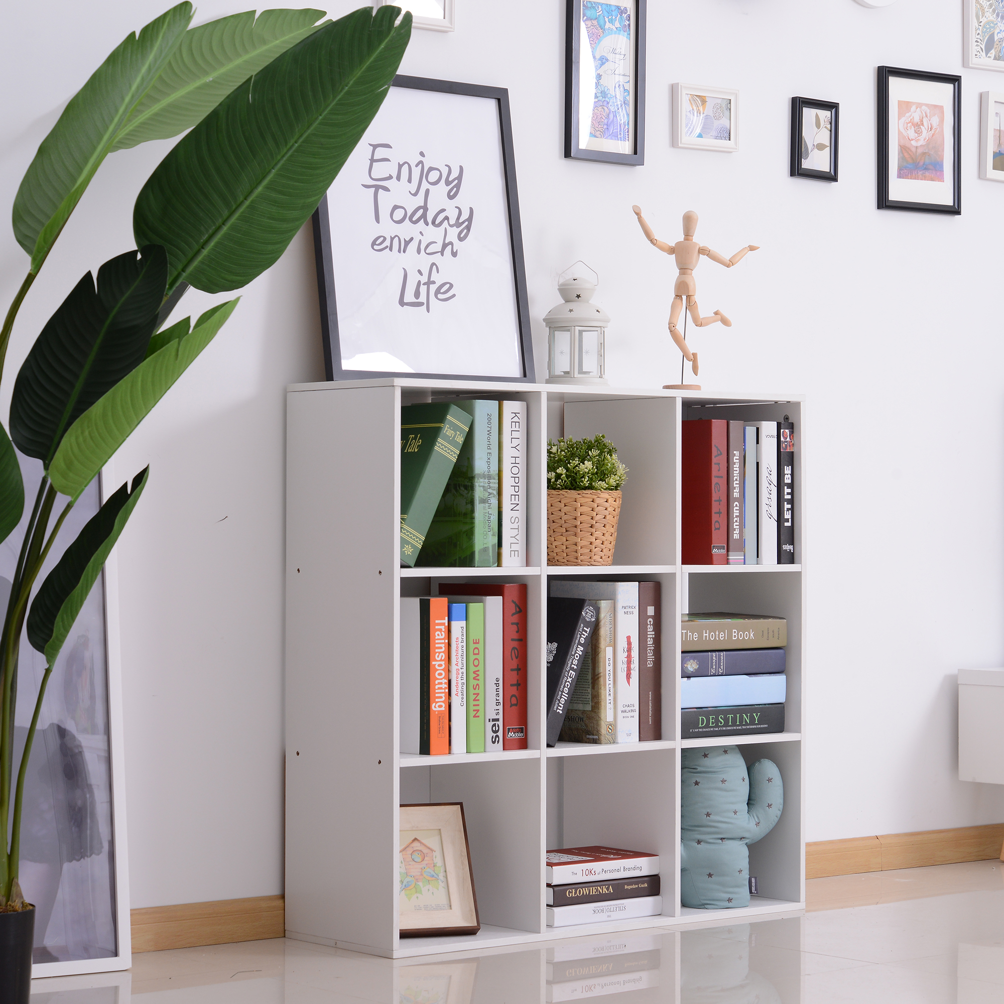 HOMCOM Weißes Bücherregal für Zuhause und Büro, Modernes Regal mit 9 Holzfächern, 91x29,5x91cm