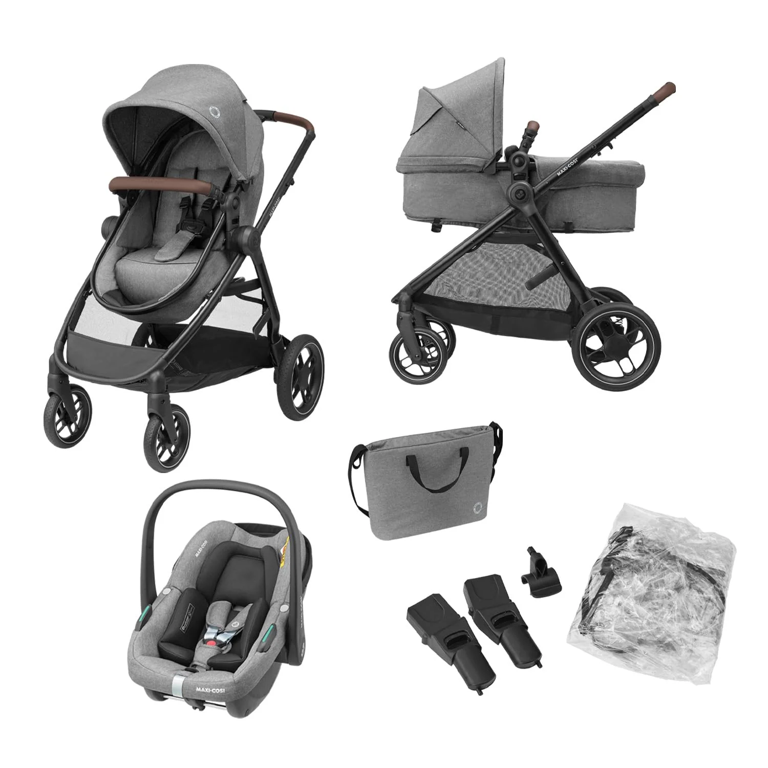 Maxi-Cosi Zelia S Trio Kinderwagen 3 in 1 Komplettset, bis 22 kg, Verstellbarer Baby Kinderwagen, mit CabrioFix S i-Size Babyschale, 0-4 Jahre, Grau