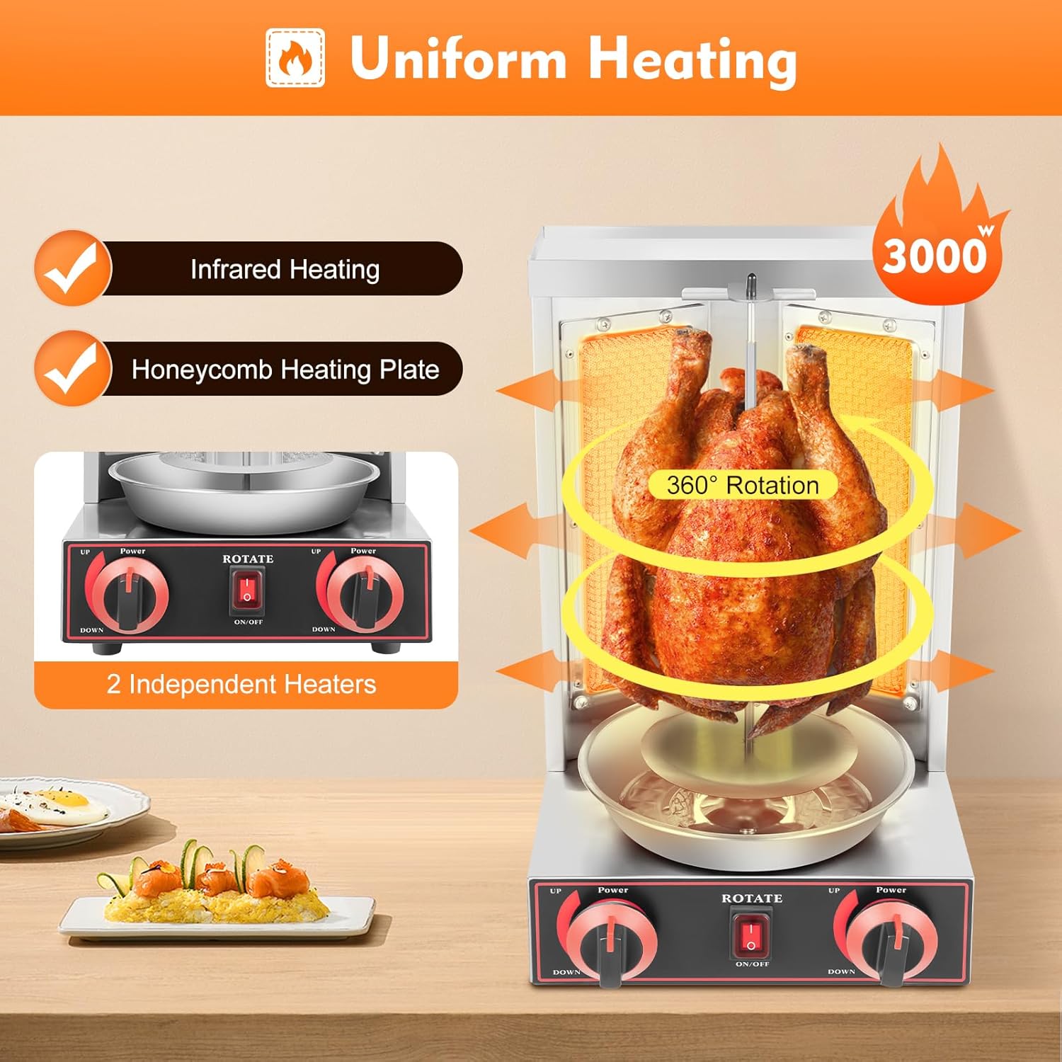 Edelstahl Gas Kebab Machine Dönergrill, Vertikalgrill, 360° Rotation Rotissiere Hähnchengrill, Dönerspieß für Gegrillt Huhn Lamm Schweinefleisch