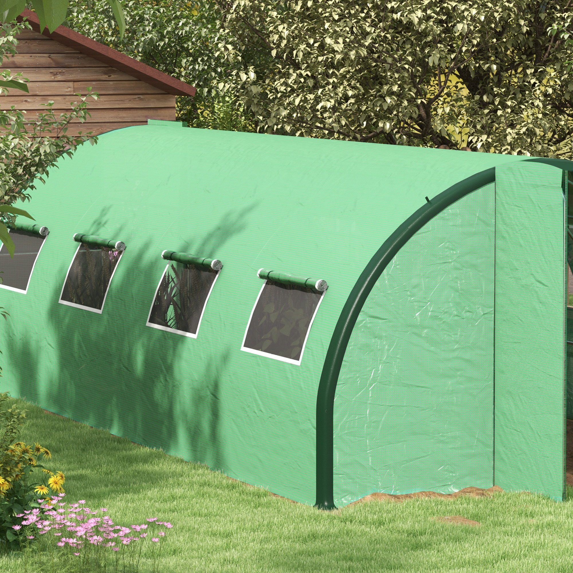Outsunny Garten Gewächshaus Tunnel Tunnelgewächshaus 18 m² 8 Fenster 2 Gelenktüren PE-Plane Struktur aus verzinktem Eisen grün