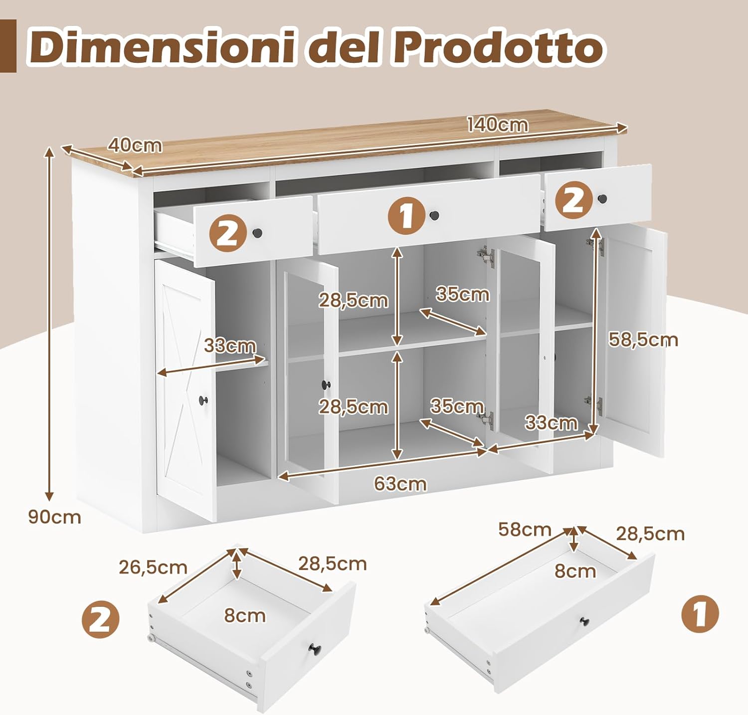 COSTWAY Credenza Cucina, Mobiletto da Cucina con 3 Cassetti, 3 Armadietti, 2 Ante Trasparenti e Ripiani Regolabili, Mobile Buffet Dispensa per Sala da Pranzo e Soggiorno, 140 x 40 x 90 cm (Bianco)