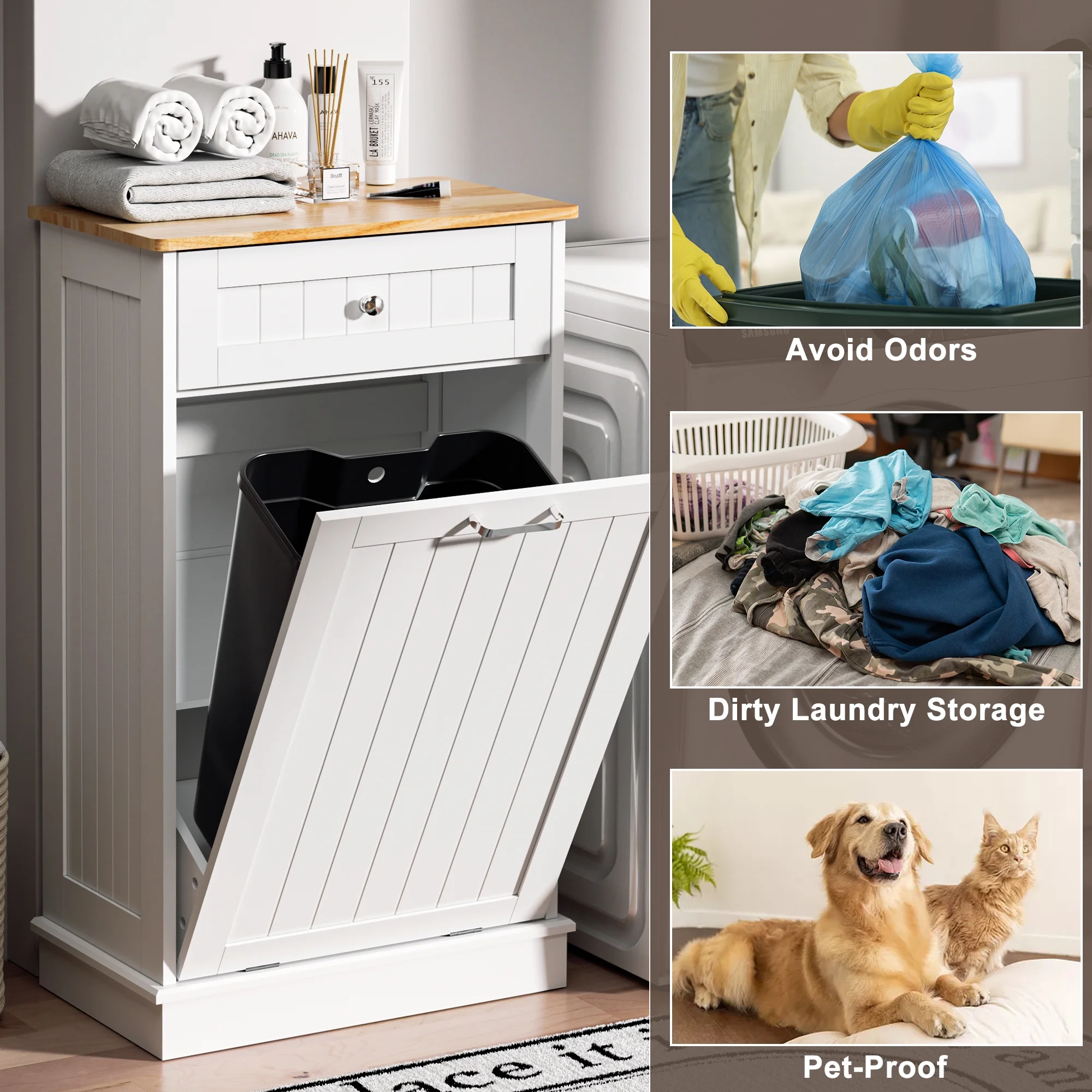HARIPUL Single Tilt Out Trash Cabinet for 13 Gallon Waste Bin, Free Standing Kitchen Trash Can Cabinet with Drawers, White