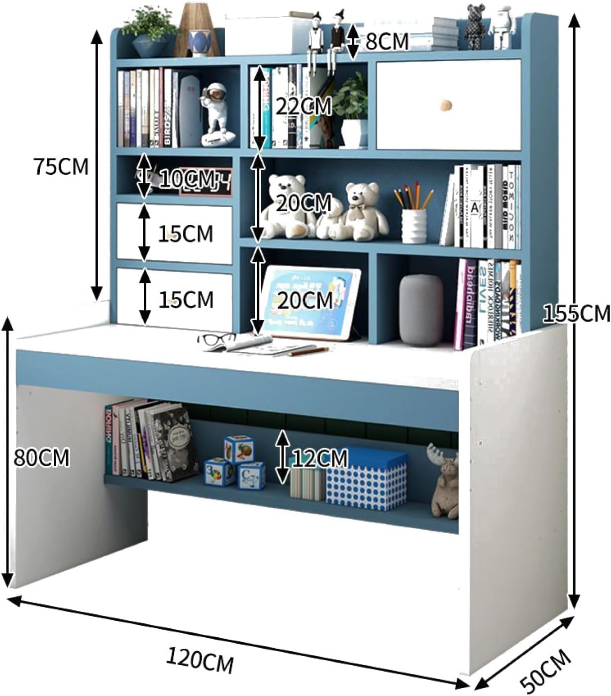 Scrivania per computer con 2 cassetti portaoggetti e libreria, scrivania da studio ad altezza regolabile Scrivania compatta per adolescenti e postazioni di lavoro per ragazze e ragazzi (120 cm, ros