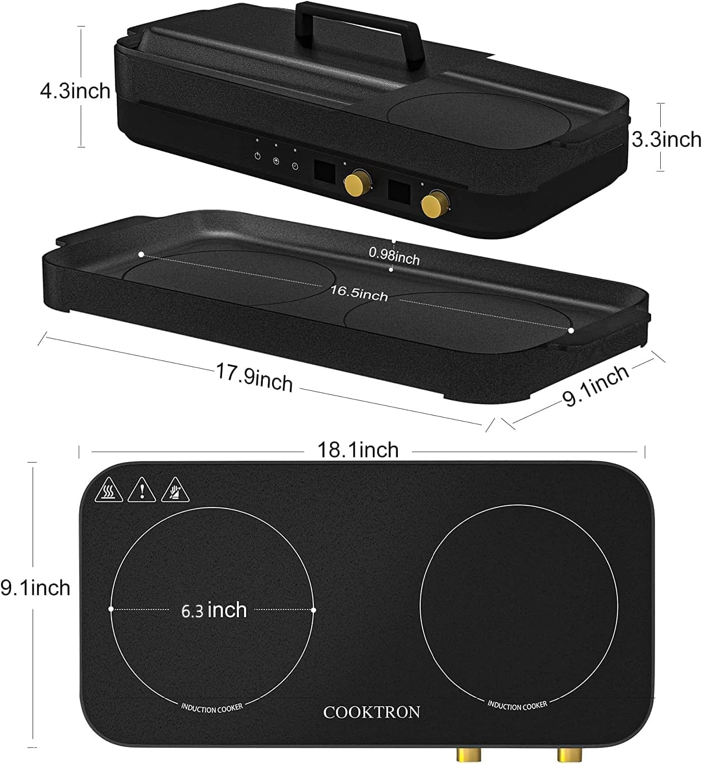 COOKTRON Portable Induktionskochfeld 2 Brenner mit abnehmbarem Eisen Guss Grillpfanne Antihaft, 2800W Doppelinduktionskochfeld mit Kindersicherung Zeit, ideal für Familienfeier