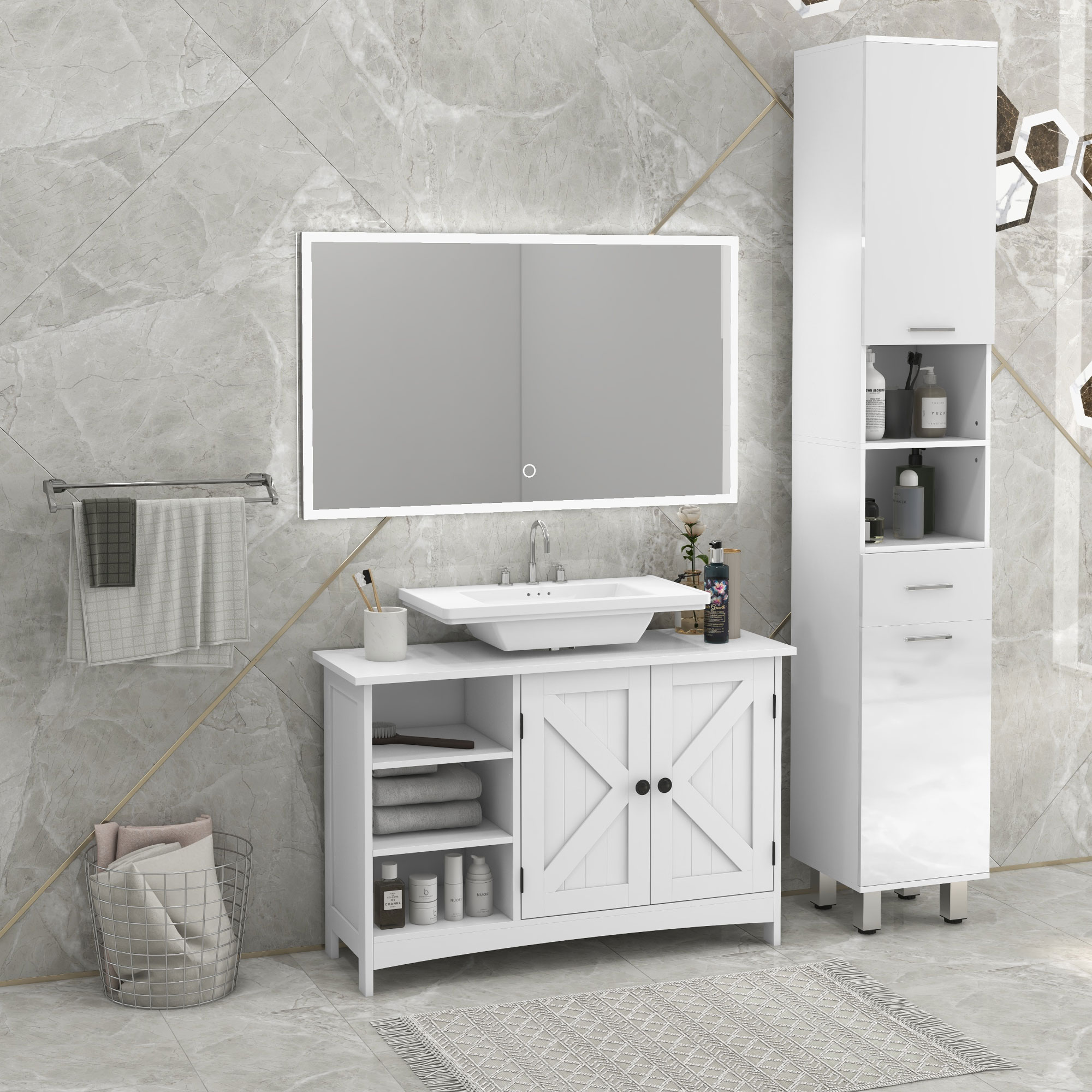 kleankin Badezimmer-Unter-Waschtisch-Möbel, klassischer Stil, 2-Türen-Schrank, höhenverstellbare Regale, 90 x 30 x 60 cm, weiß