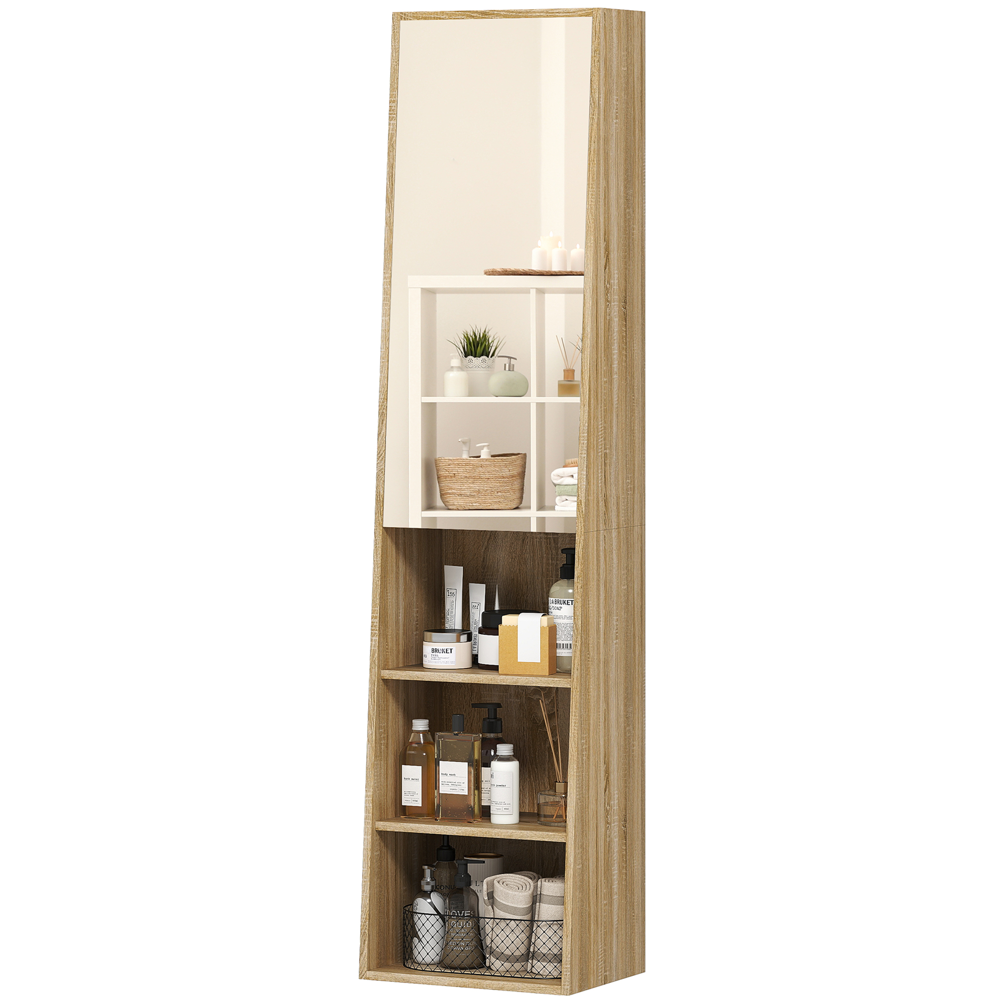 HOMCOM Badezimmerschrank Säule trapezförmig mit Spiegeltür, 6 Regalebenen, 40 x 30 x 165 cm