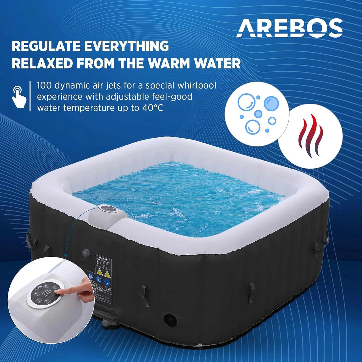 Arebos SPA Hinchable Piscina de hidromasaje | Hinchable | Cuadrada | para Interior y Exterior | 154x154cm | 4 Personas | 130 chorros de Masaje | 600 L