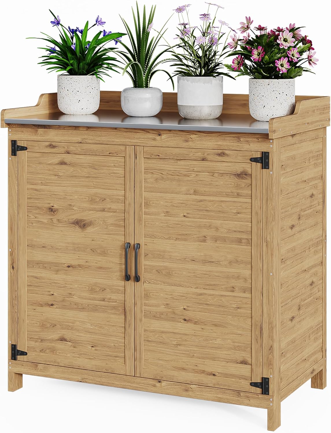 Bealife Tavolo per Piante con Mobile Base, Armadietto da Esterno in Legno,Mobiletto da Giardino con Piano di Lavoro con 1 Ripiano Mobile per Uso Interno ed Esterno (Naturale, 98x48x95 cm)