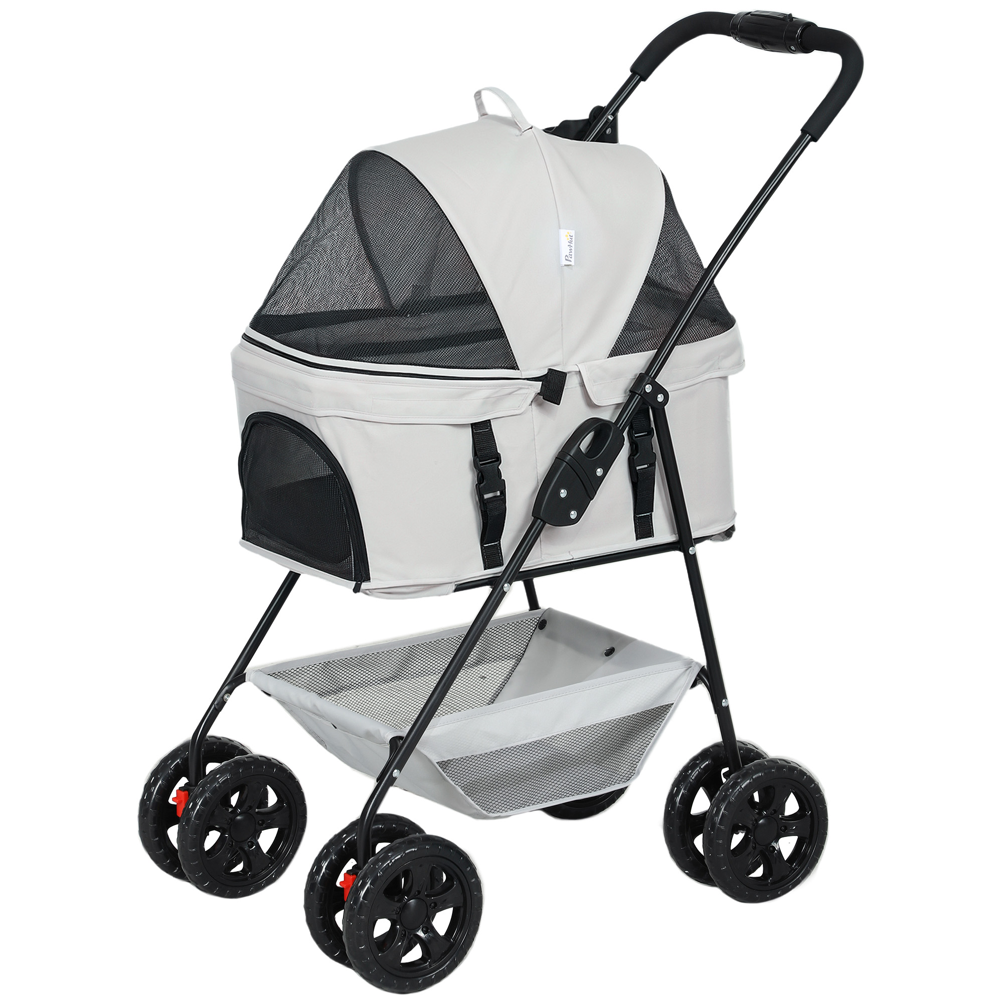 PawHut 3-in-1-Haustierkinderwagen, zusammenklappbarer Hundewagen mit 4 Rädern und abnehmbarer Trage für Hunde und Katzen, Grau