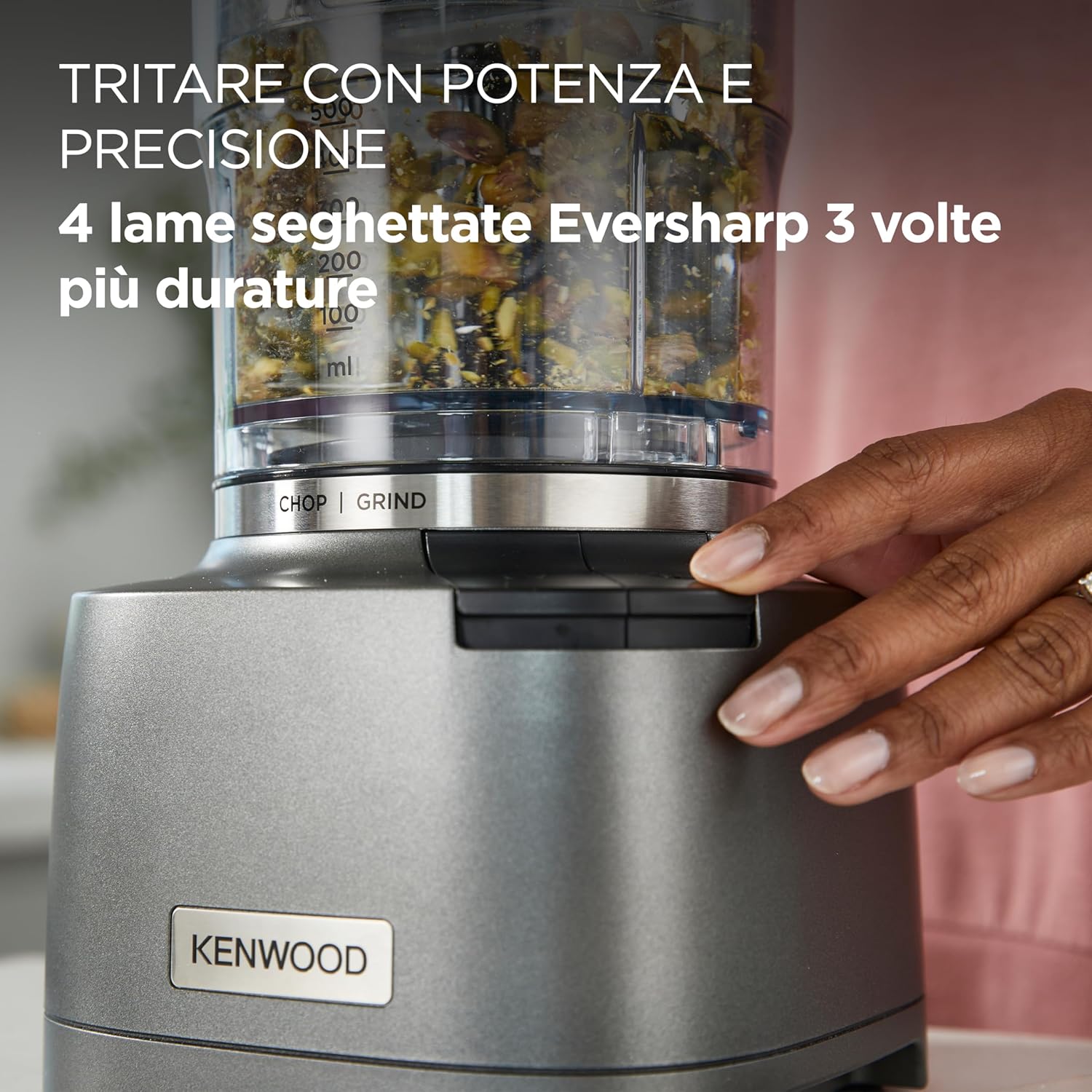 Kenwood Chopper CHP61.100WH, Potenza 500W, Ciotola da 0.5L, 2 velocità, Sistema a quattro lame, Anello antiscivolo per la stabilità del tritatutto, Lavabile in Lavastoviglie, Bianco/SIlver