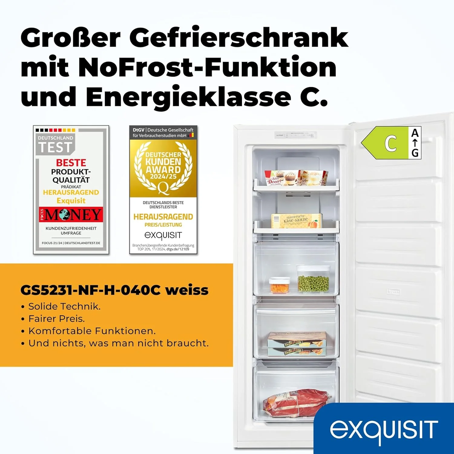 Exquisit Gefrierschrank NoFrost, Tiefk��hlschrank gro?, 161 Liter, Schnellgefrieren, Alarm-Funktion, GS5231-NF-H-040C weiss