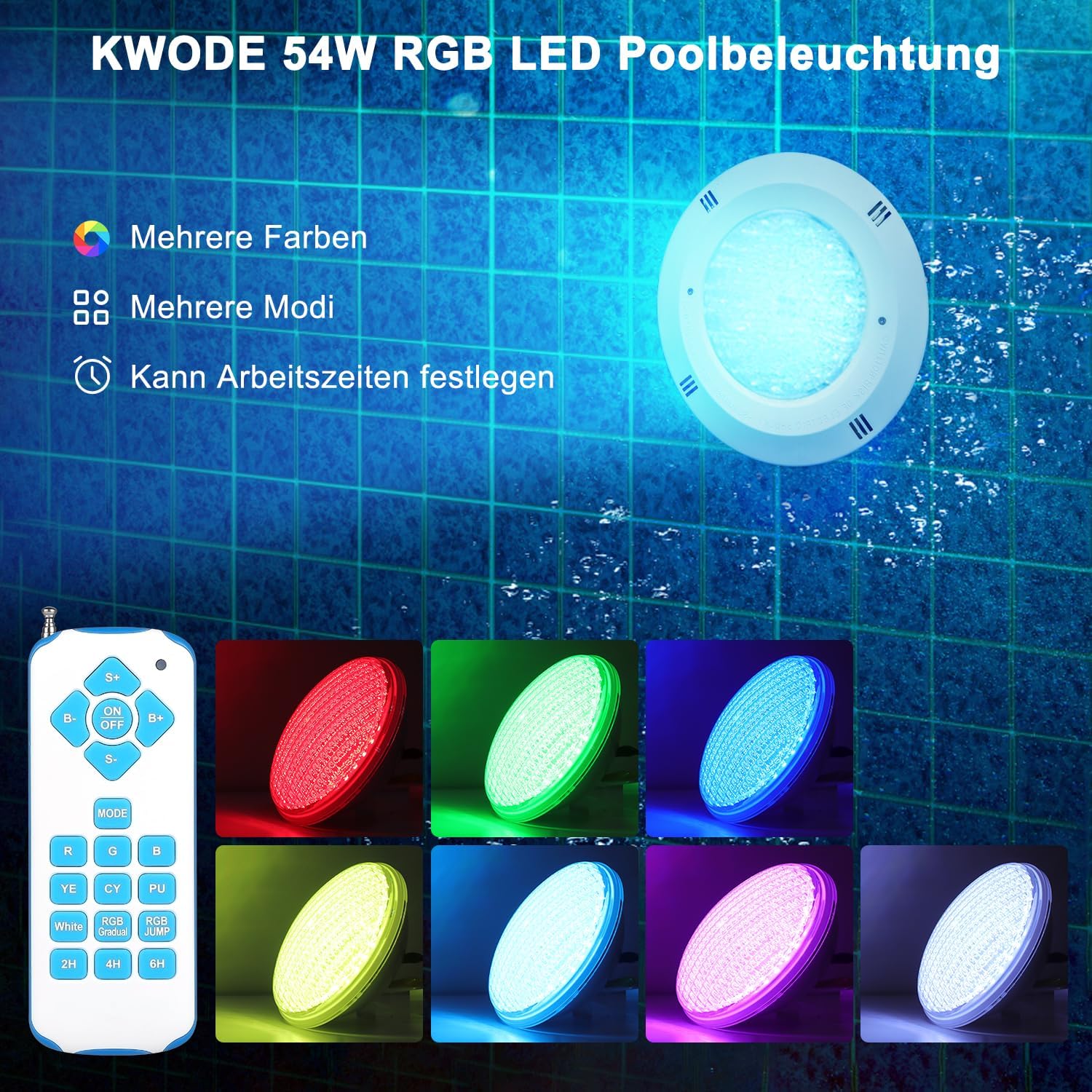 KWODE 54W LED Poolbeleuchtung PAR56，Timing 2/4/6H IP68 Wasserdichter Pool Lamp, 12V RGB Poolscheinwerfer Externe Synchronisation mit Fernbedienung（2-teilig）