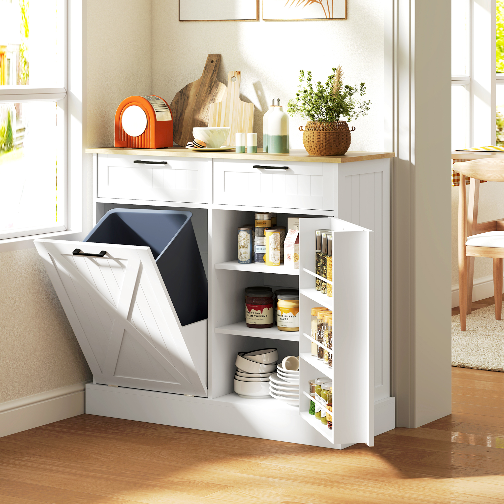 HOMCOM Buffet Küche mit 38L Müllschrank, Küchenmöbel Aufbewahrung, 2 Schubladen, Gewürzregal und Arbeitsplatte, Weiß