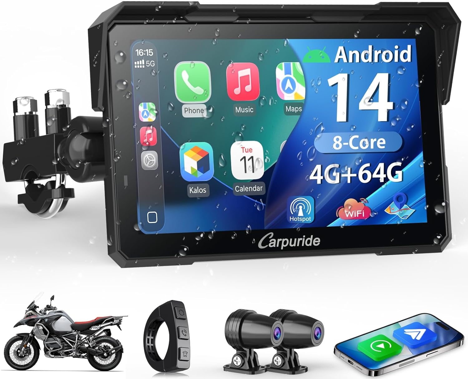Carpuride W702 Plus Android 14 Motocicleta Carplay Pantalla con Doble Cámara, CarPlay y Android Auto Inalámbricos,7