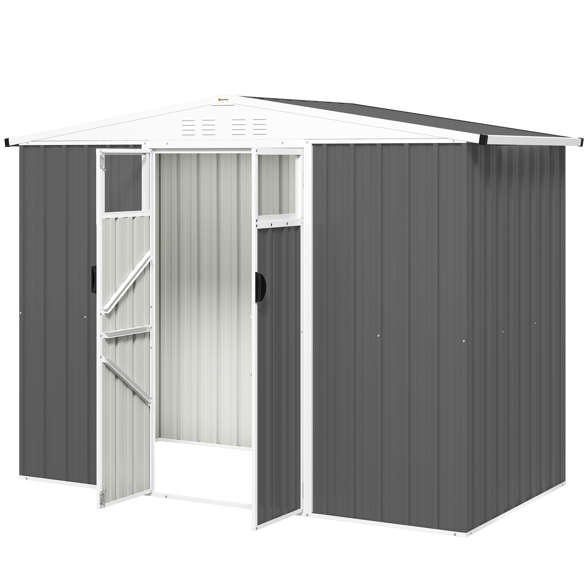Outsunny Metall-Gartenpavillon 2,7 m² mit Fenster, 4 Belüftungsöffnungen und verriegelbarer Tür, 246 x 117 x 180 cm, Dunkelgrau
