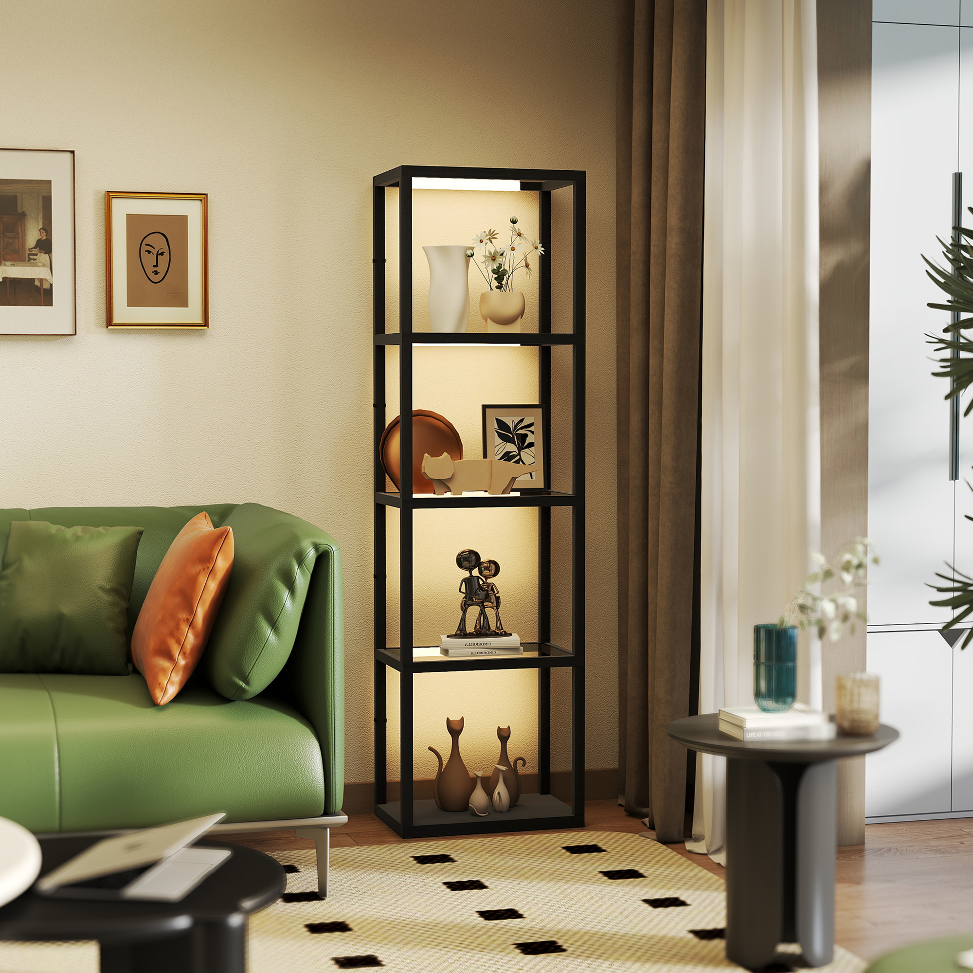 HOMCOM LED-Stehlampe mit 4-stufigem Regal, Leuchtregal mit 4 Glasfächern, Fußschalter, MDF, Schwarz