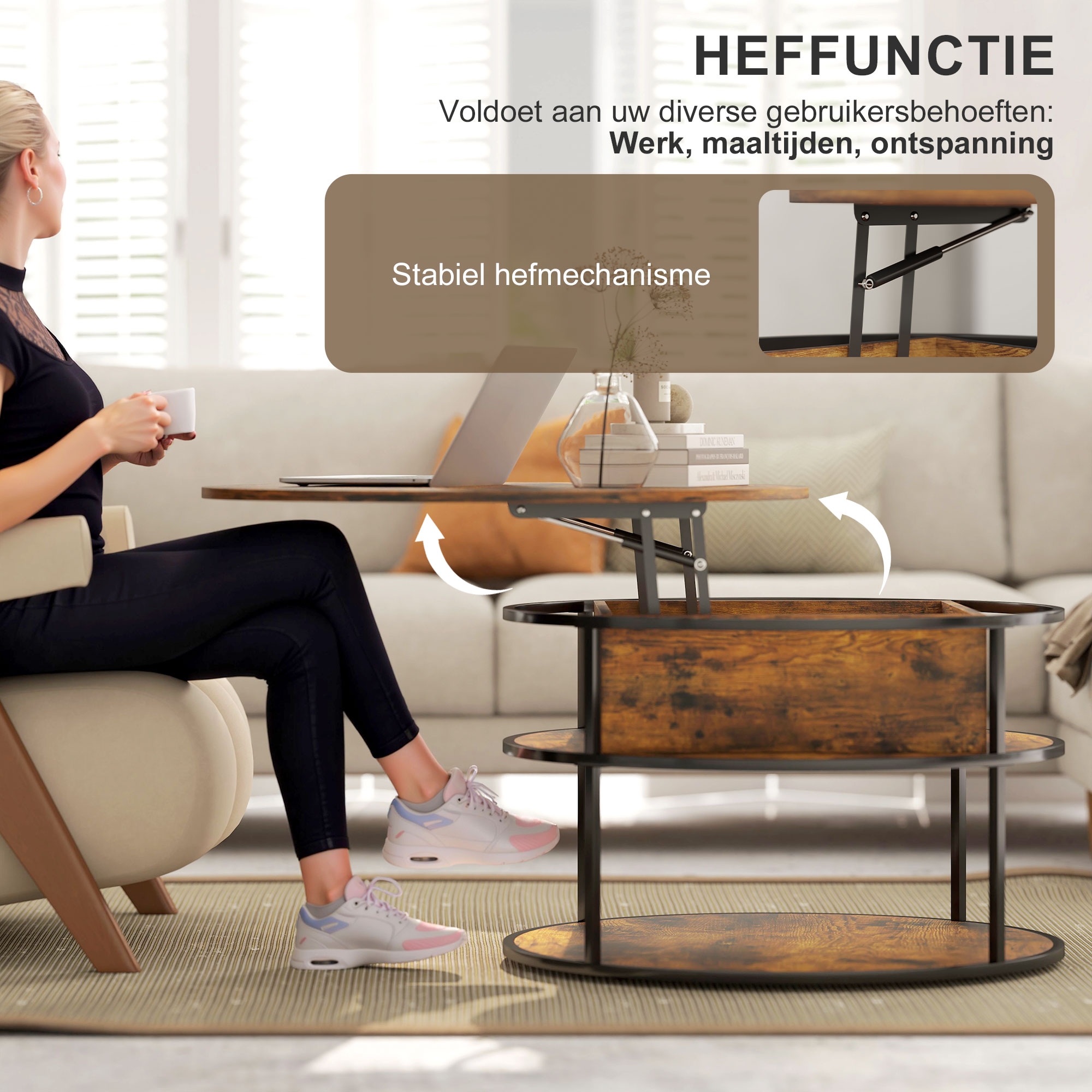 HOMCOM Ronde Koffietafel met Ophefbaar Tafelblad, Opbergruimte, Zijvakken, Stalen Frame, Salontafel, Bruin