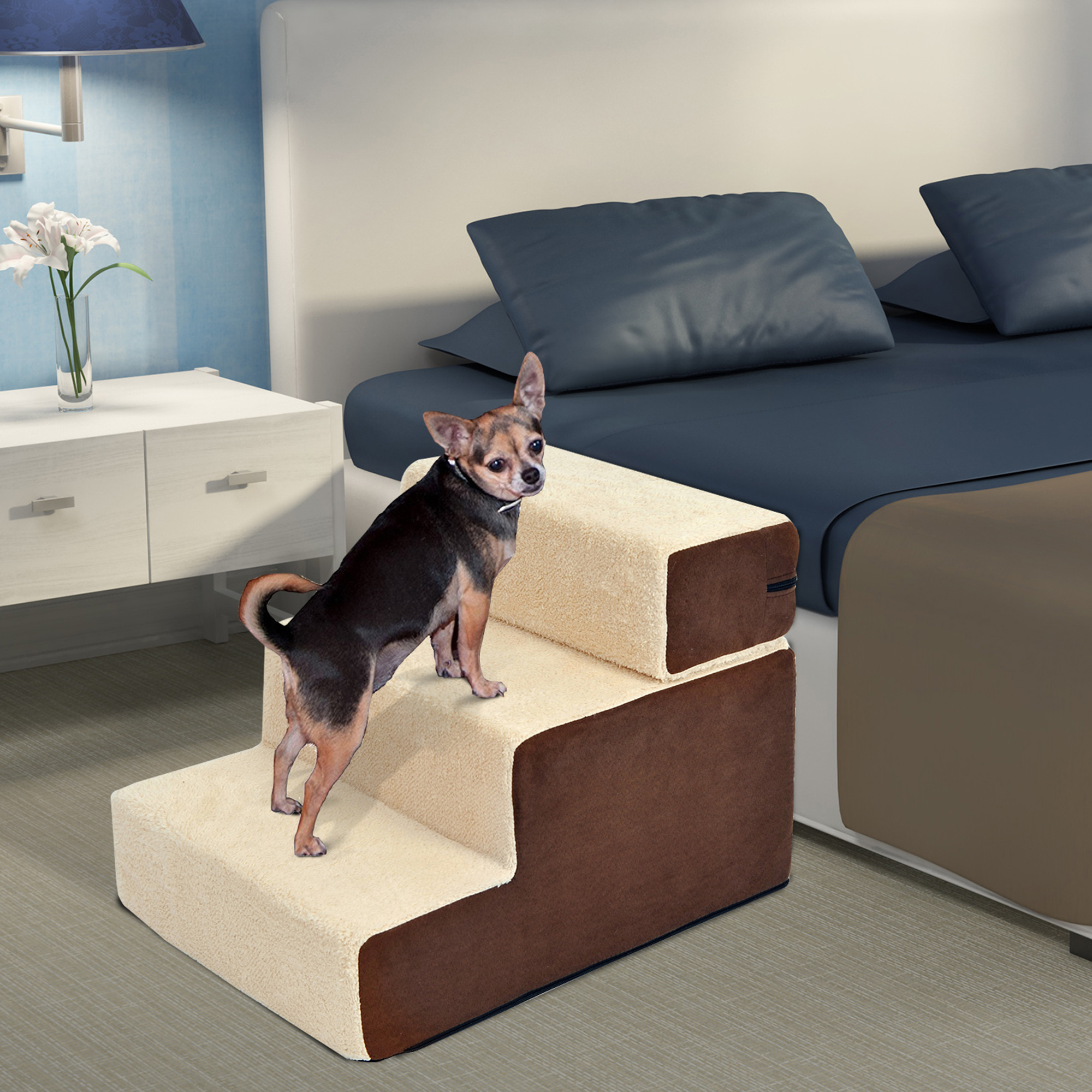 PawHut Haustiertreppe Hundetreppe Katzentreppe 3 Stufen für Katzen und Hunde Plüsch Beige 54 x 40 x 39cm