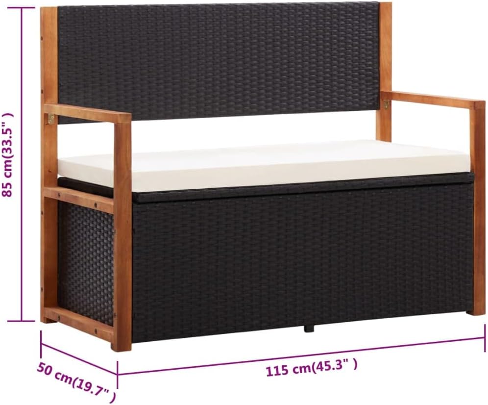vidaXL Garden Bench Outdoor Bench Seat for Patio Furniture Storage 115 cm Polyrattan and Solid Acacia Wood Black