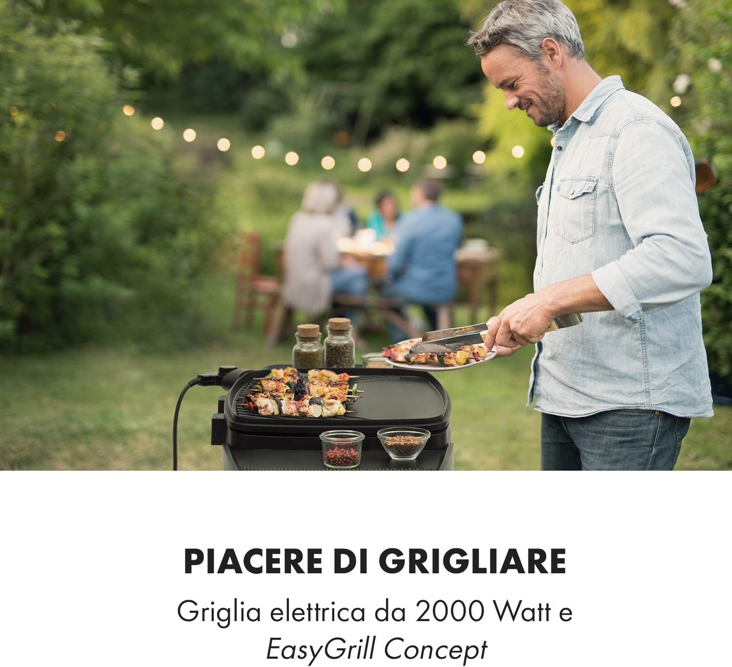 KLARSTEIN Gatsby - Grill Elettrico, 2000W, EasyGrill Concept, Piastra: 40x36 cm in Alluminio Pressofuso Antiaderente, Tavoli Laterali: 20 x 32 cm, Termostato, Ruote, Nero