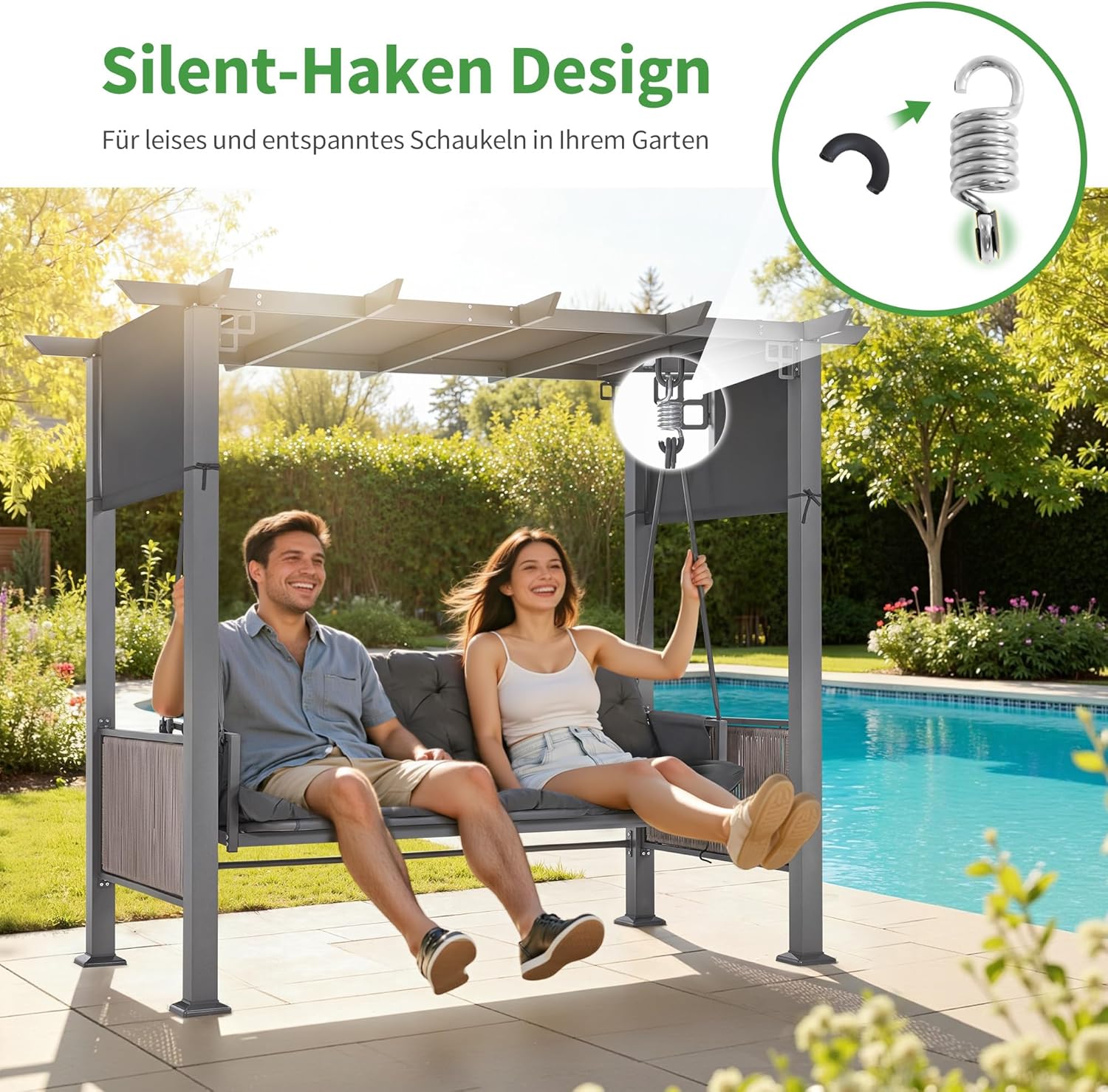 M MCombo dondolo Hollywood 3 posti con funzione letto e padiglione da giardino, dondolo con tettuccio retrattile, cuscino extra spesso da 8 cm e ganci silenziosi, panca da giardino 4067 (grigio)