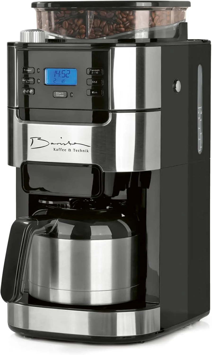 Barista filterkoffiezetapparaat met verstelbare molen & thermoskan | Warmhoudfunctie, 24-uurs timer & permanent filter | Voor 10 koppen koffie | Koffiezetapparaat voor bonen & poeder [roestvrij staal]