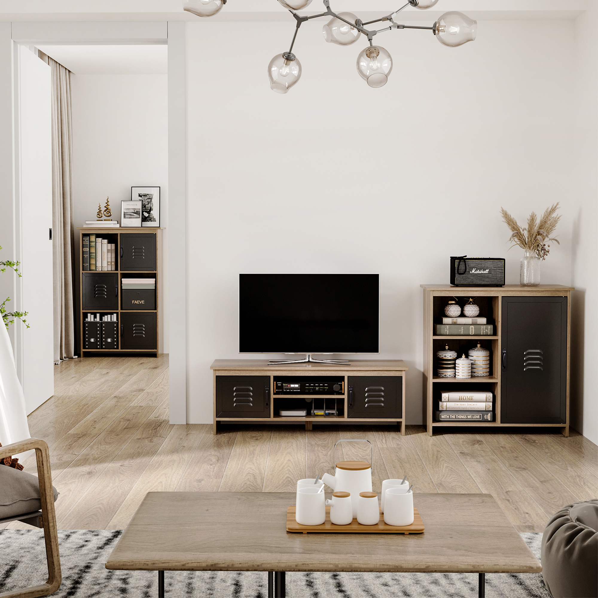 HOMCOM Industrie-Buffet - Stehendes Aufbewahrungsmöbel 3 Fächer Schrank - in Holz und Metall Schwarz