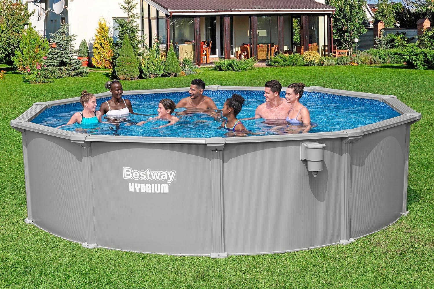 Bestway® Hydrium™ Stahlwandpool 457x122 cm rund – Komplett-Set Granitgrau mit Sandfilteranlage 6.056 l/h, Skimmer, Leiter, Abdeck- & Bodenplane, ChemConnect, 17.430 L, 365 Tage aufstellfähig