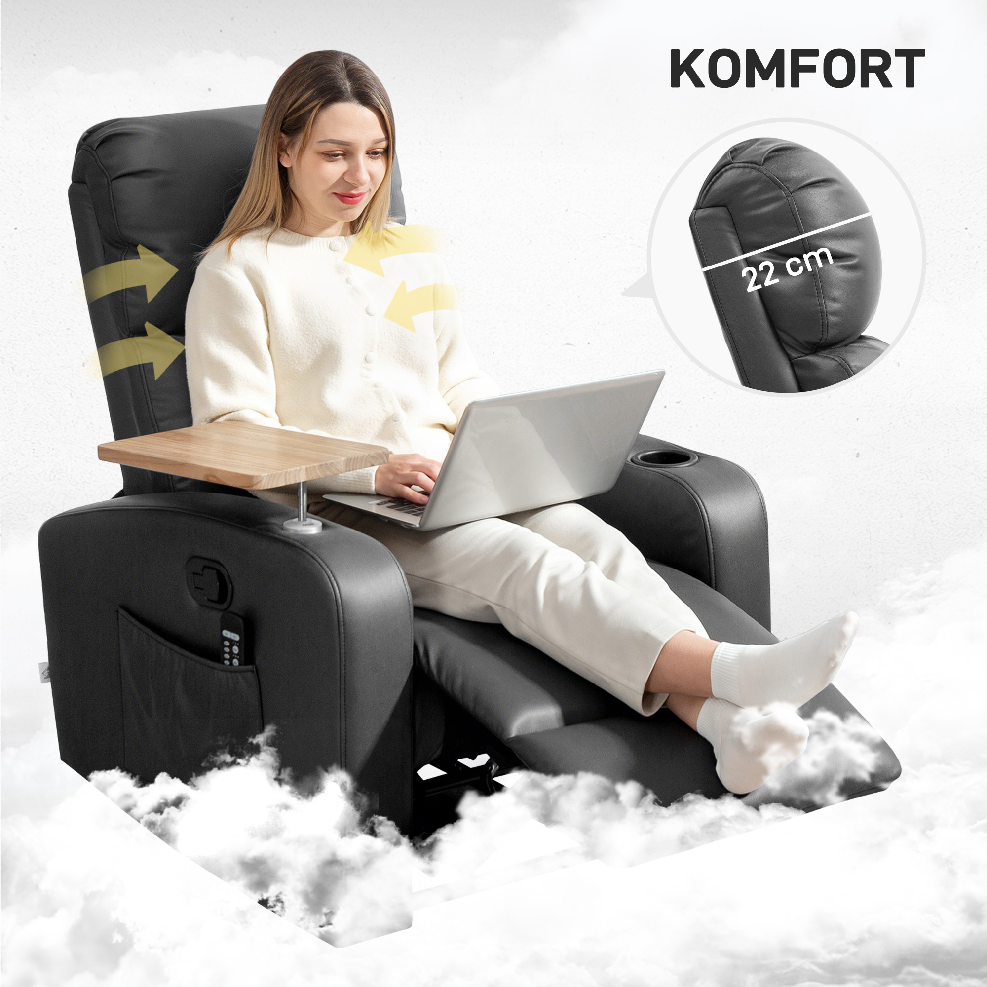 HOMCOM Massagestoel Relaxstoel Ligstoel, Met 1 Uitklapbare Tafel, 1 Voetensteun; 77 cm x 93 cm x 105 cm, Zwart
