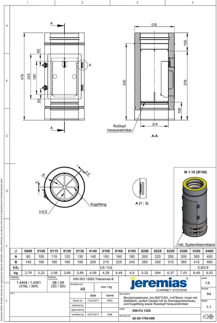 Jeremias DW-FU 200mm Edelstahl Revisionselement Design Plus mit Kugelfang und herausnehmbarem Rußtopf bis 600°C für Abgassysteme
