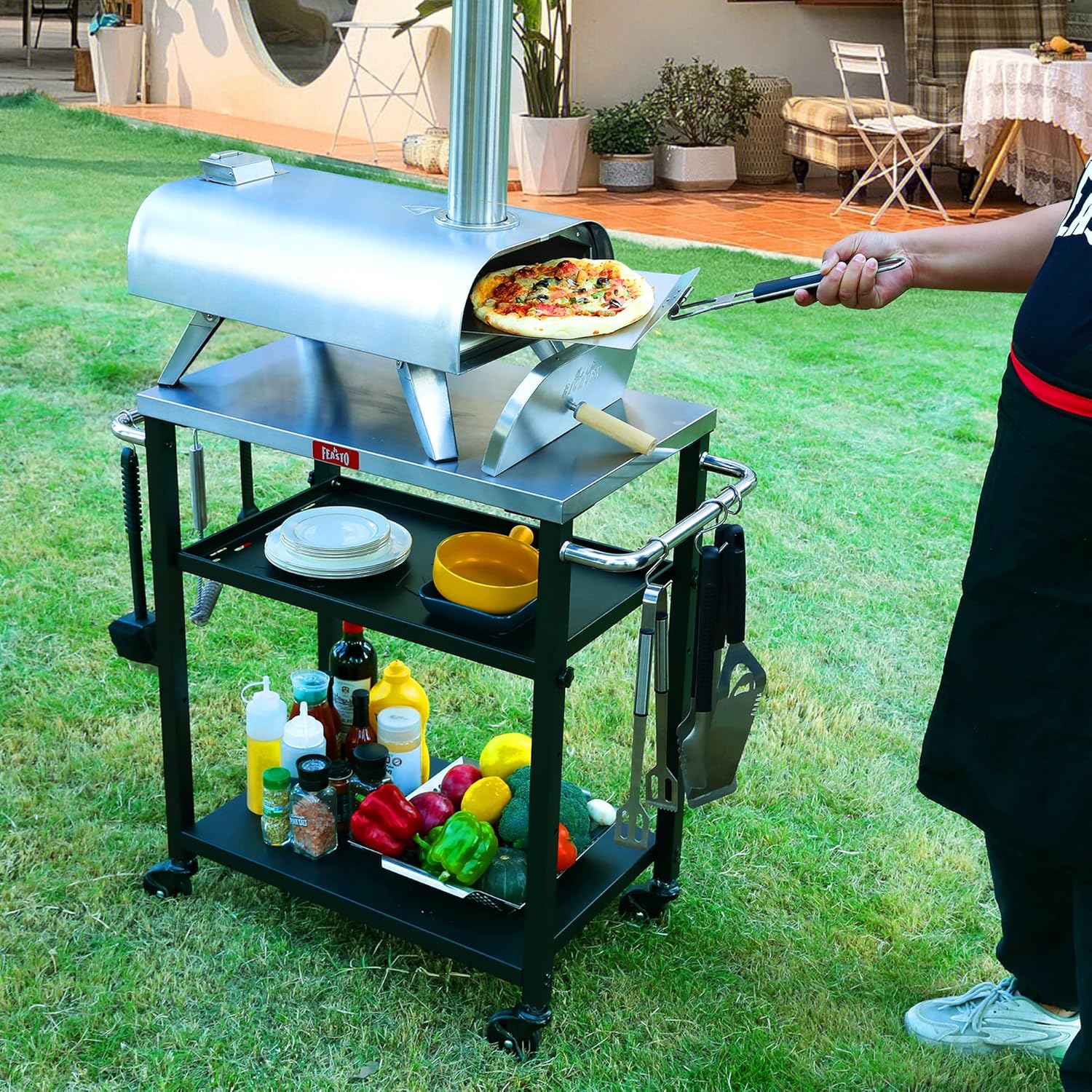 Outdoor Grill Table Pizza Oven Table for Outside with Adjustable Shelf