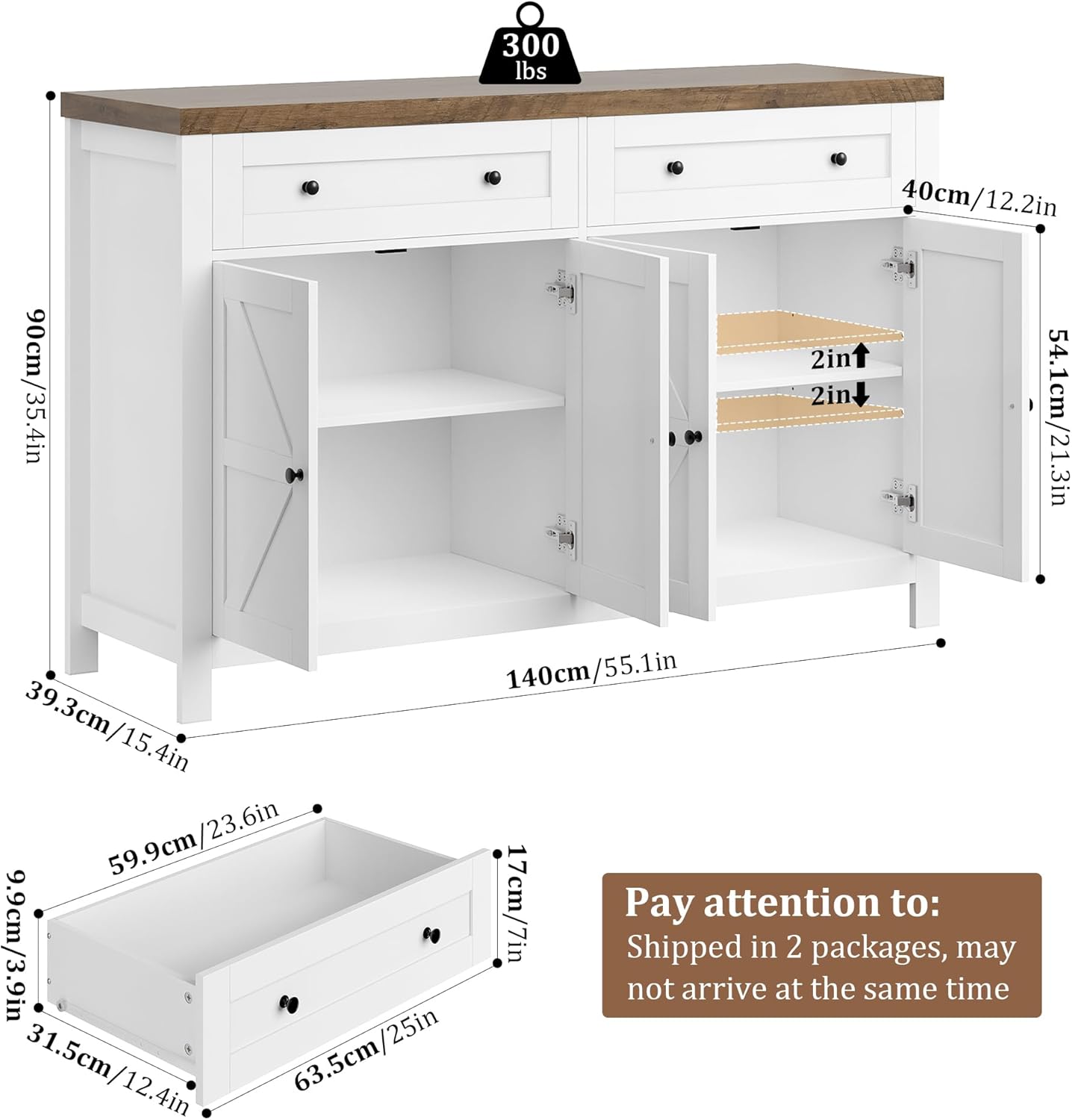 HOCSOK 140 cm Credenza Cucina, Madia Soggiorno Moderna con Ripiani Regolabili, Buffet Mobile con 2 Cassetti 4 Ante, per Soggiorno, Cucina, Ingresso, Multiuso, Bianco