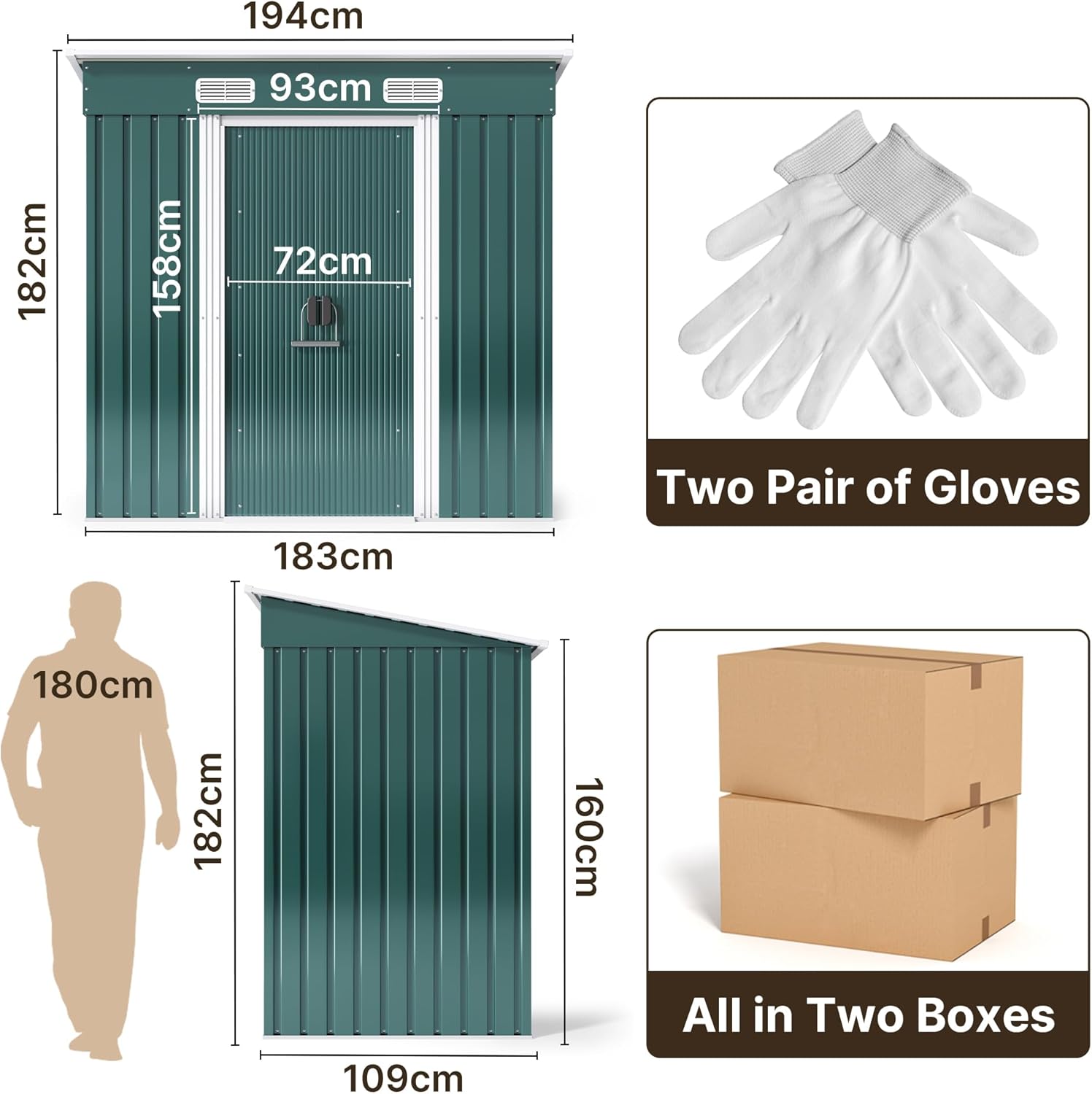 Xbro Capanno per Attrezzi in Metallo 2.11m², Casetta da Giardino da Esterno con Tetto Spiovente e Porta Scorrevole, Casetta per Attrezzi con Serratura e Guanti, 183x109x182 cm