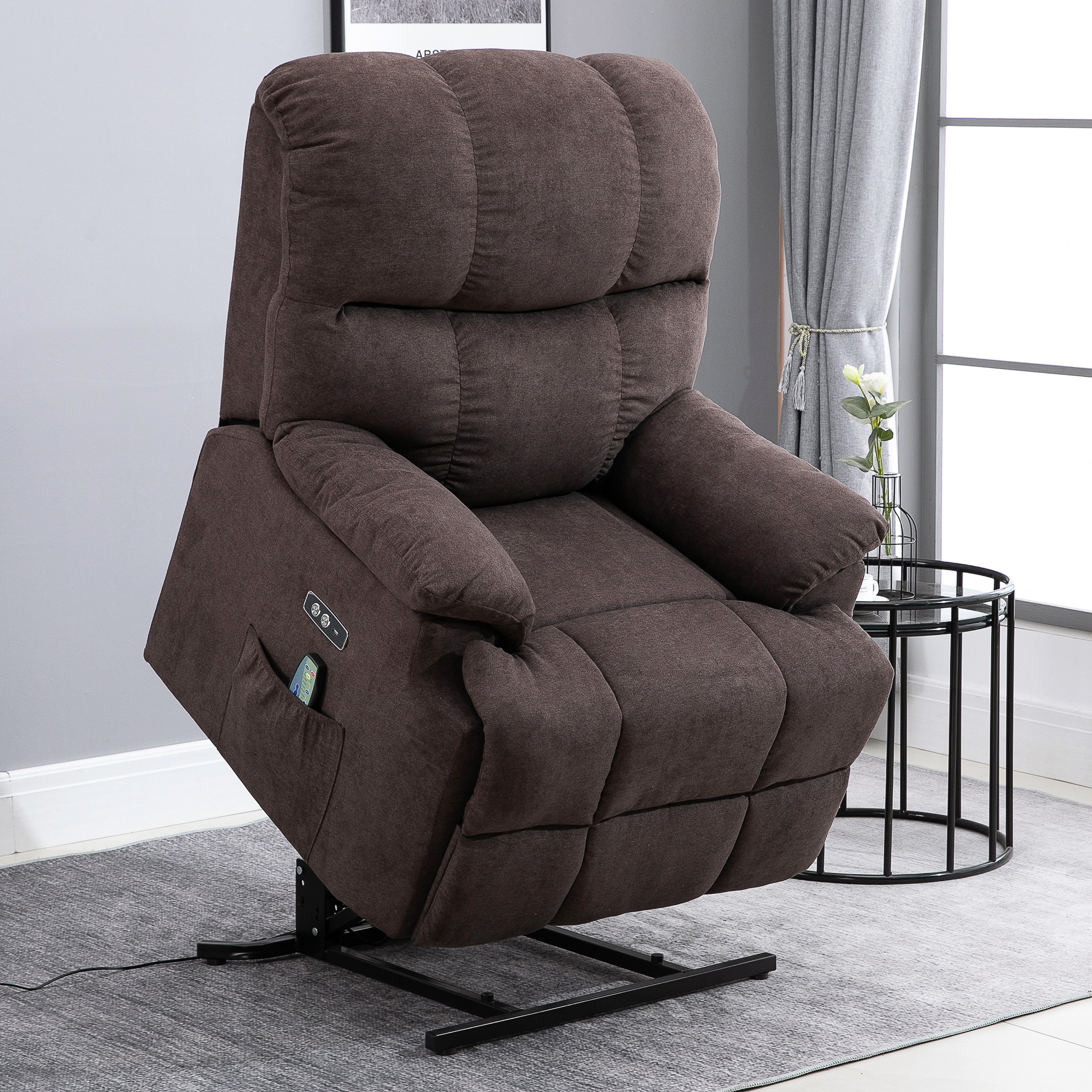 HOMCOM Relaxsessel mit Aufstehhilfe, 160° verstellbare Rückenlehen, Massage- und Wärmefunktion, 83 cm x 95 cm x 105 cm, Braun