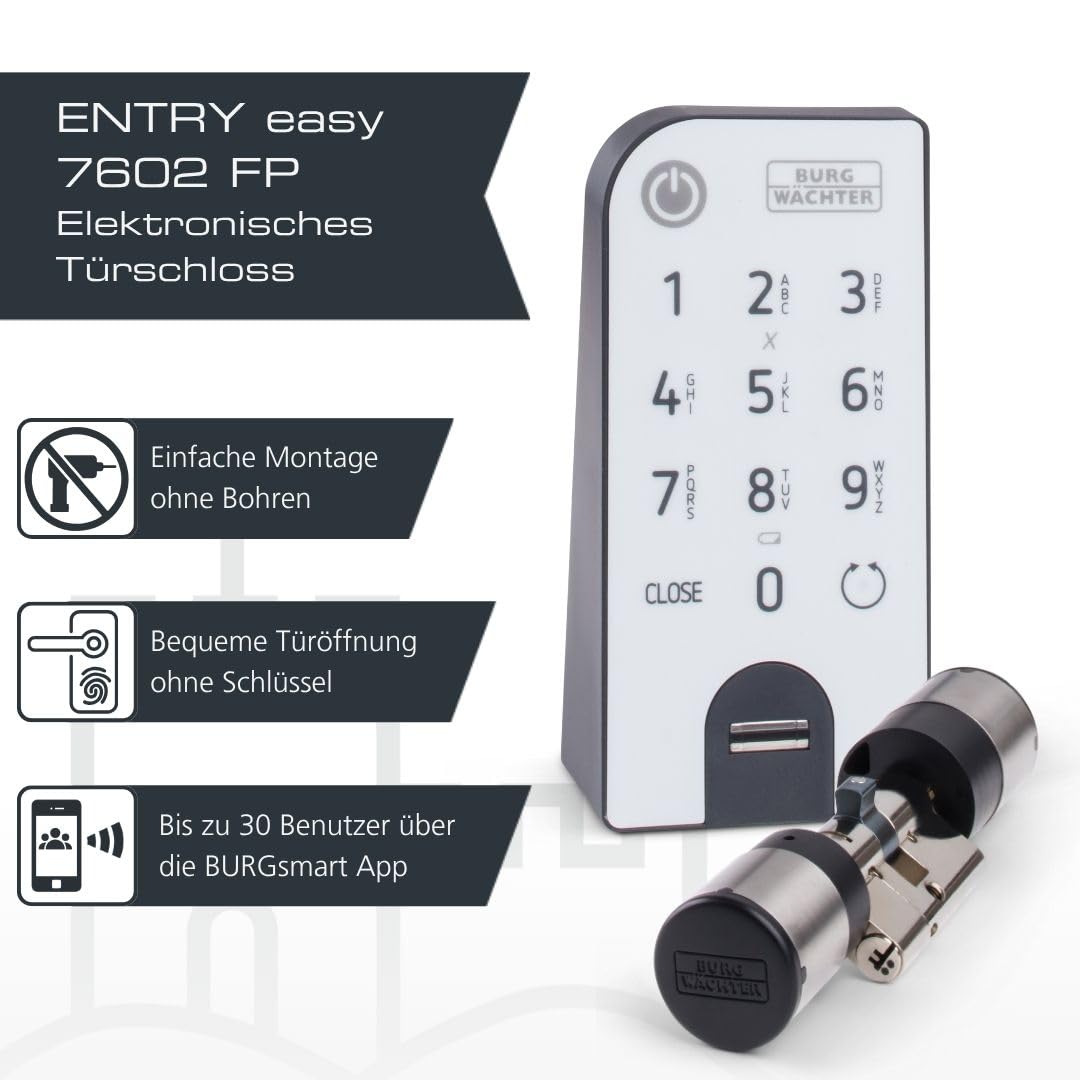 Elektronisches Türschloss secuENTRY easy 7602 FP mit Zylinder und Fingerprint-Keypad, Öffnung per App, Pincode oder Funkschlüssel, für Türstärken bis
