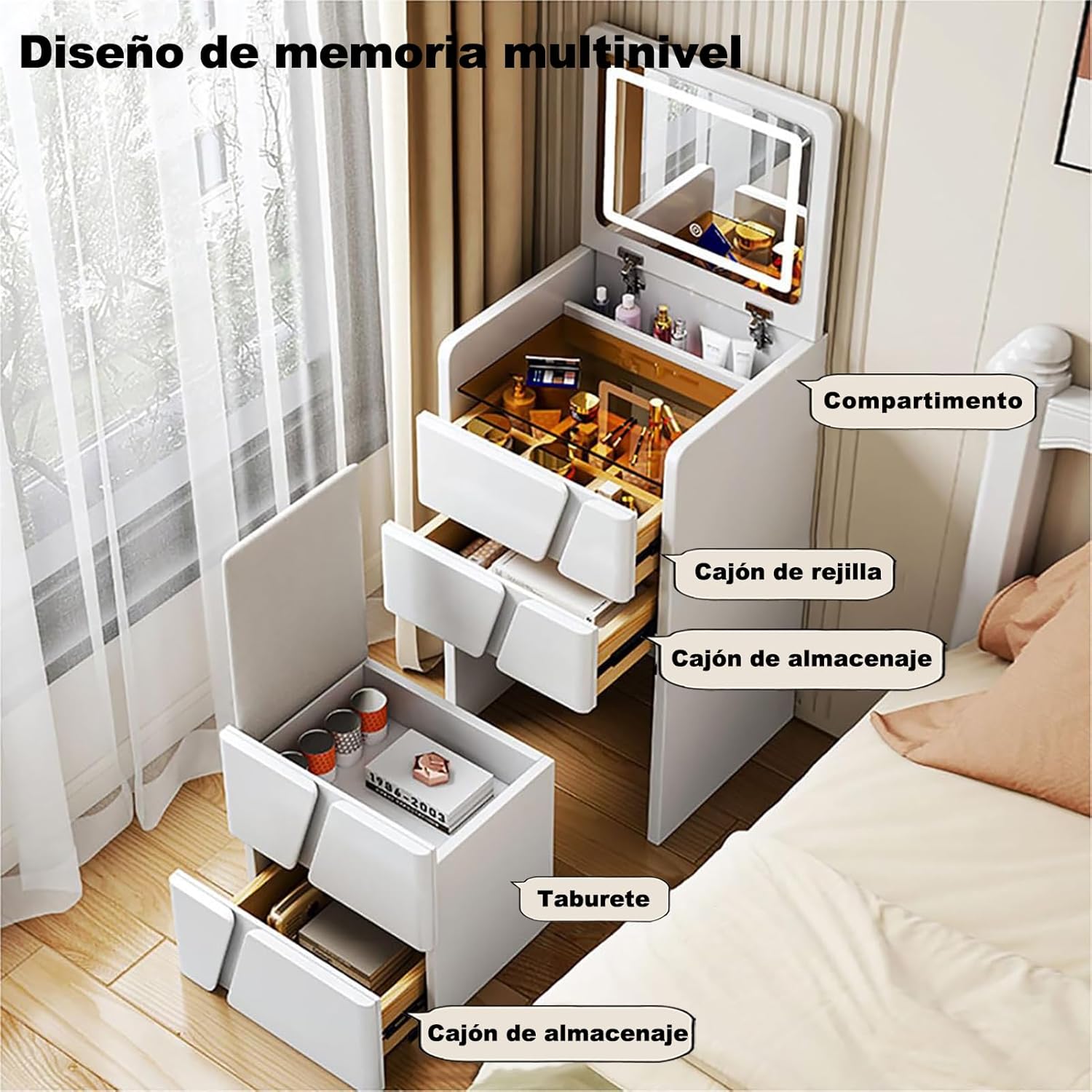 3 in 1 Makeup Desk, Makeup Vanity with Folding Mirror and Brightness Adjustable LED Light, Modern Makeup Desk with 4 Drawers and Padded Stools, White