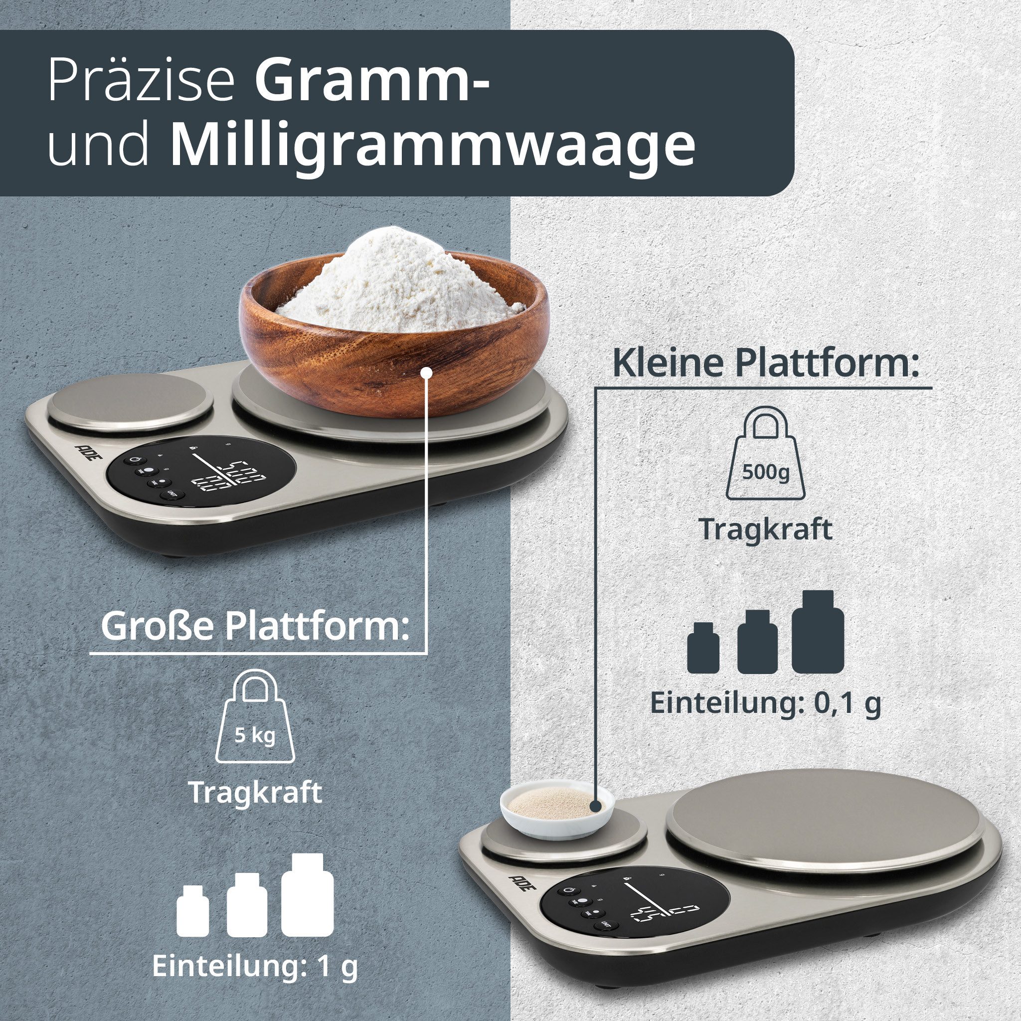 Küchenwaage digital mit 2 Wiegeflächen 5kg/1g & 500g/0,1g