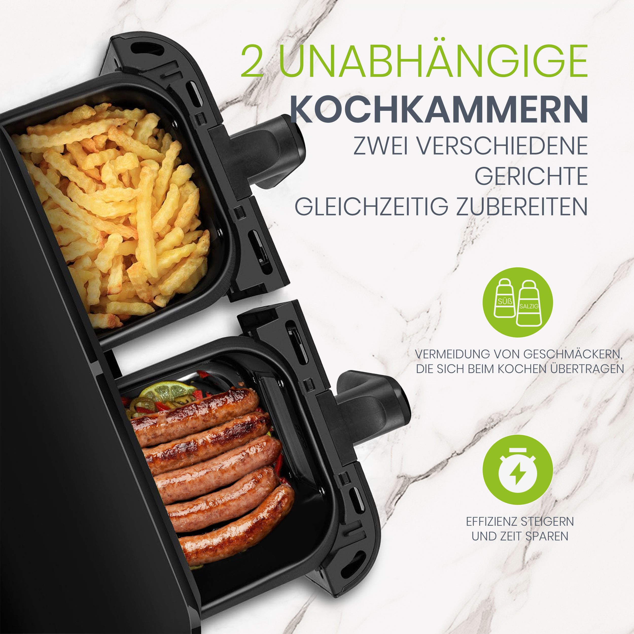 Heißluftfritteuse 10L XXL, 2400W Dual-Zone Airfryer, LED-Touchscreen, 8 Programme