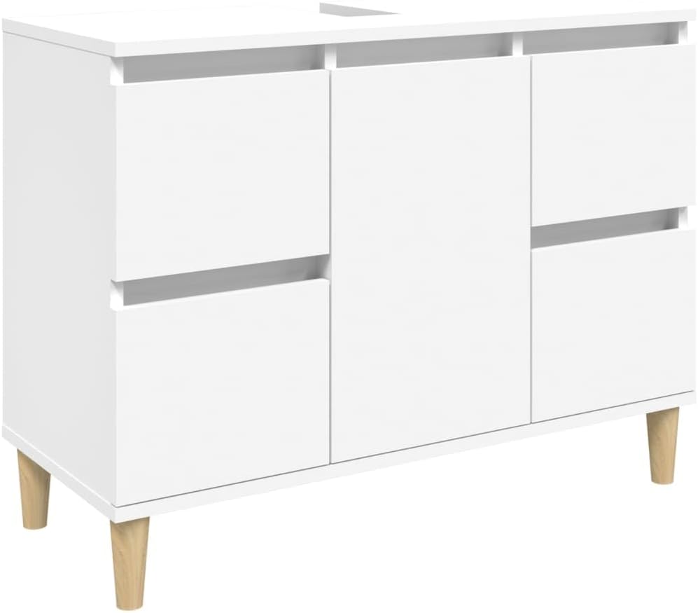 vidaXL Badmöbel Set 3-TLG., Badschrank Holzbeine, Badezimmer Unterschrank Hochschrank Midischrank, Badezimmermöbel, Weiß Holzwerkstoff