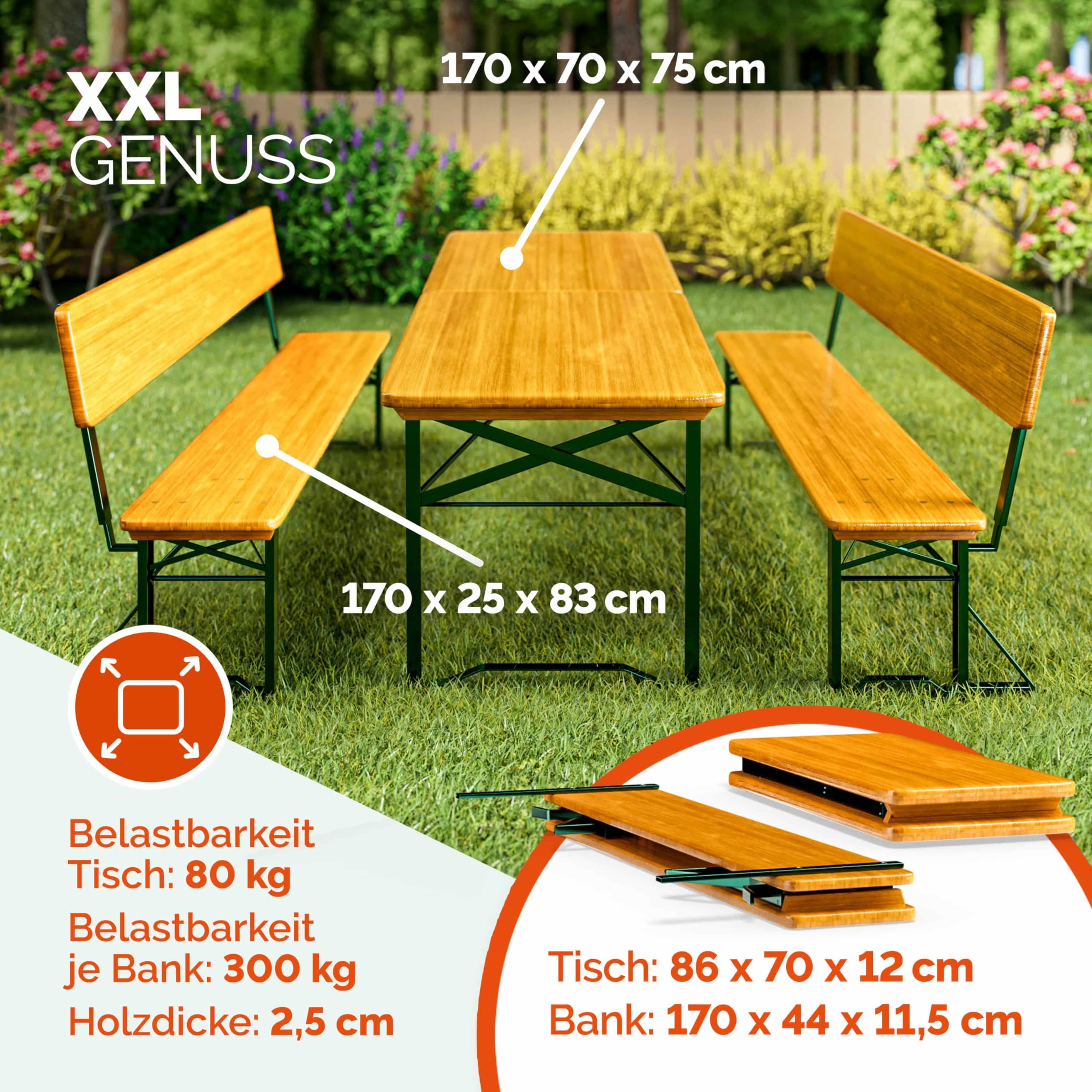 CASARIA Bierzeltgarnitur mit Lehne 170 cm klappbar aus Holz und Stahl mit 1 Tisch und 2 Bänken Braun für Garten und Camping