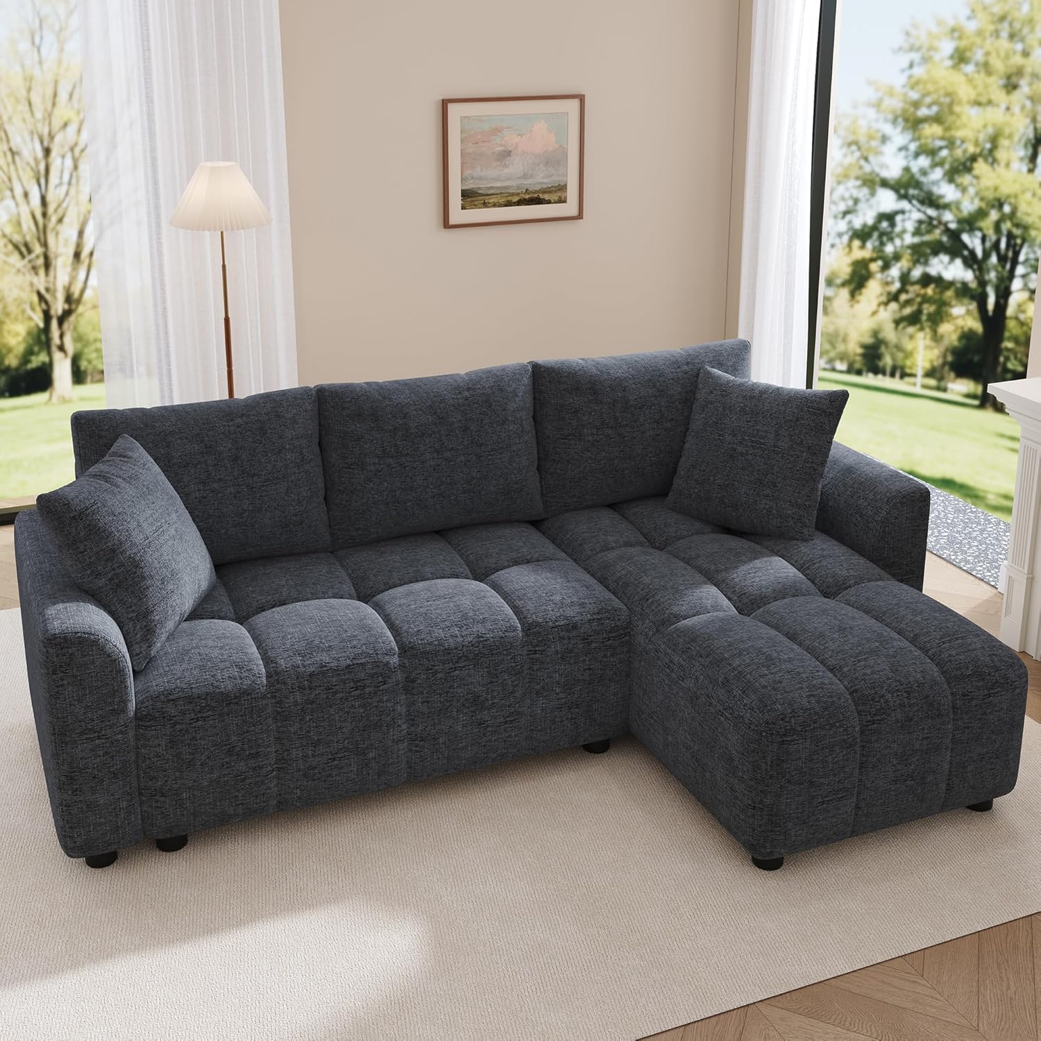 Divano angolare a forma di L, 3 posti, 82,5 x 127 x 204 cm, grigio, trasformabile, in ciniglia, con 2 cuscini decorativi, adatto per soggiorno e appartamento