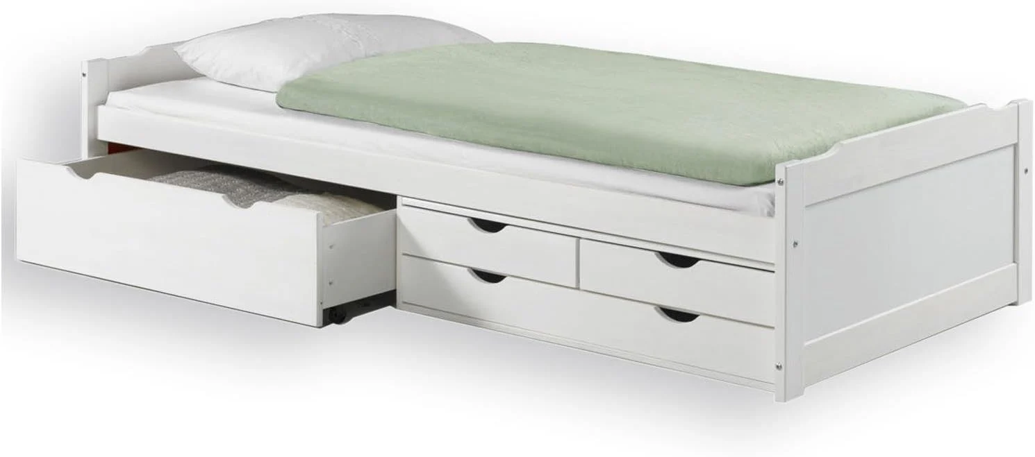IDIMEX Bett mit Stauraum Andrea Kiefer massiv Weiss Bett 90x200 cm mit 4 Schubladen Gästebett