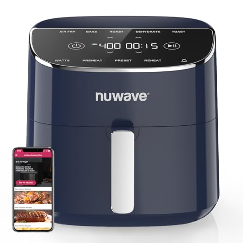 Nuwave Brio Plus Air Fryer 8 Qt, New & Improved, PFAS FREE, 7 Digital One Touch Cook Functions that AIR FRY, BAKE, ROAST, DEHYDRATE, TOAST, REHEAT, PREHEAT, 150 Presets, 50°F 400°F, 700/1500/1800W : Home & Kitchen