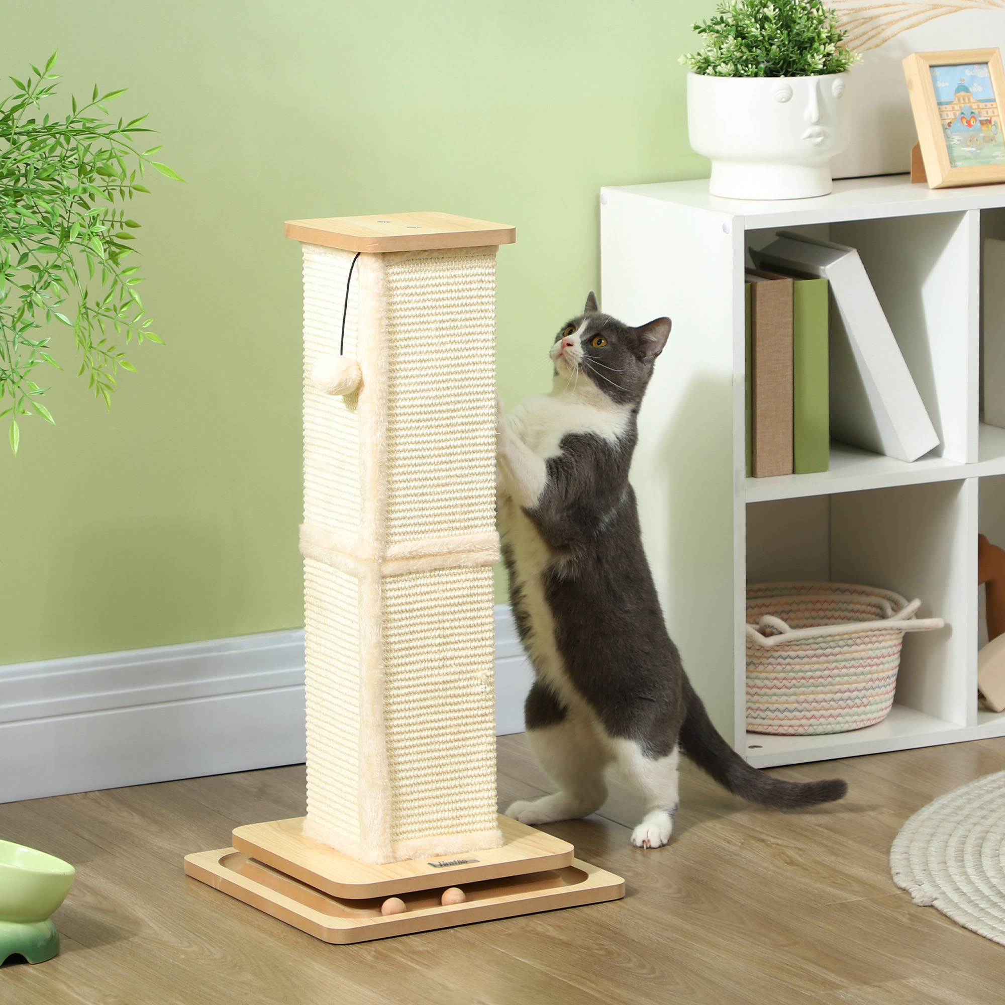 PawHut 3-in-1-Kratzbaum mit Spielschiene, Spielball, Sisal, bis 5 kg, 34 x 34 x 67 cm, Eiche/Creme