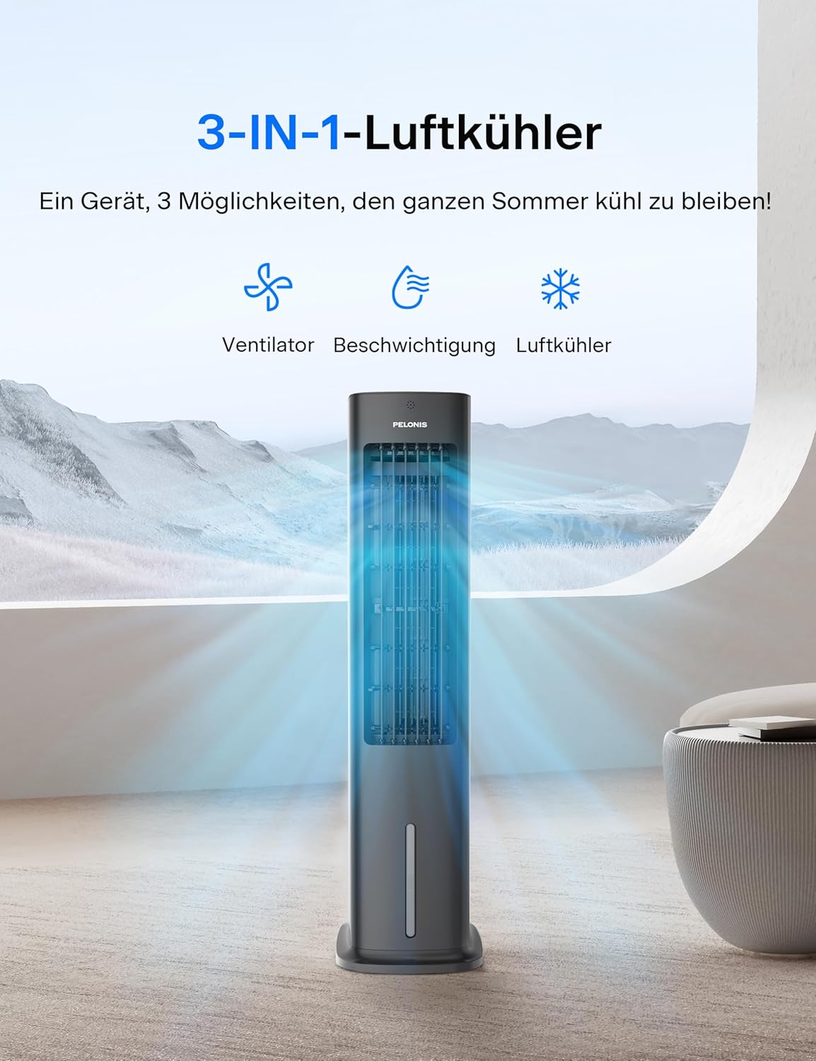 PELONIS 5L Verdunstungskühler mit Fernbedienung, 3-in-1 Tragbarer Luftkühler, Ventilator, Luftbefeuchter & Automatische Oszillation, 3 Stufen Timer 7H, 2 Kühlpads für Zuhause und Büro