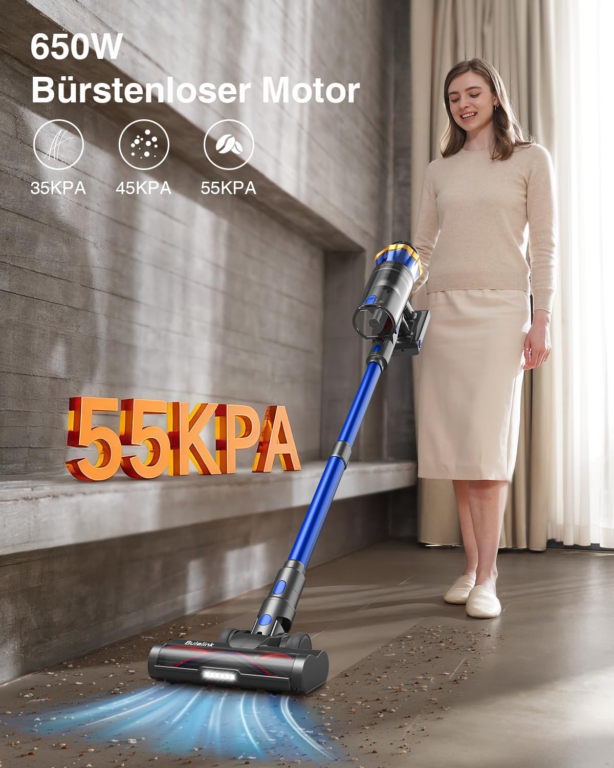 Bulelink Akku Staubsauger kabellos 55 kPa 650 W 70 Min Laufzeit starke Saugkraft für Tierhaare Teppiche Hartböden