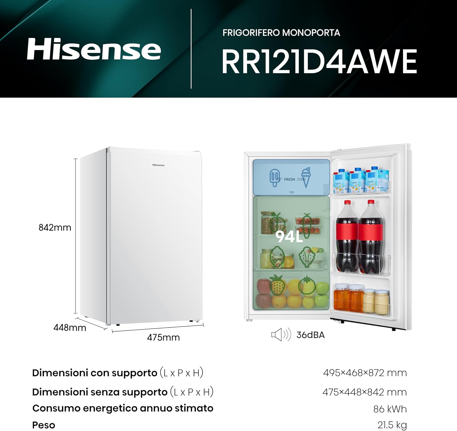 Hisense RR121D4AWE - Frigorifero Monoporta con cassetto fresh zone, Bianco, 94 L, classe E