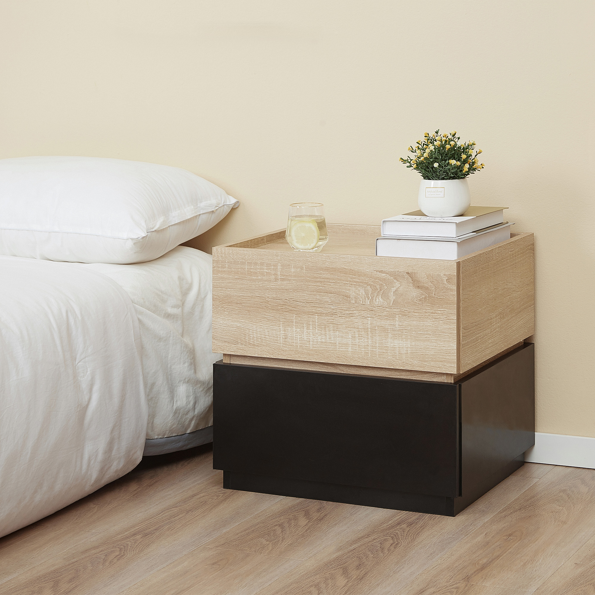 HOMCOM Nachttisch mit Schublade Nachtschrank stapelbar Schubladenschrank Schlafzimmer Nachtkommode Spanplatte Schwarz+Natur 50 x 40 x 47,5 cm