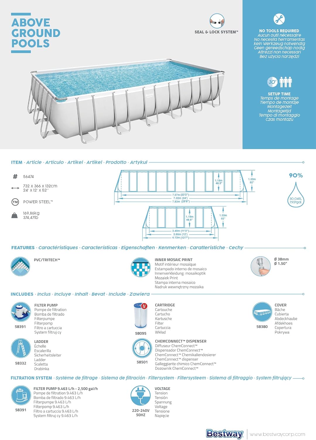 Bestway Power Steel 56474-3 Set oberirdischer Pool, rechteckig, 732 x 366 x 132 cm